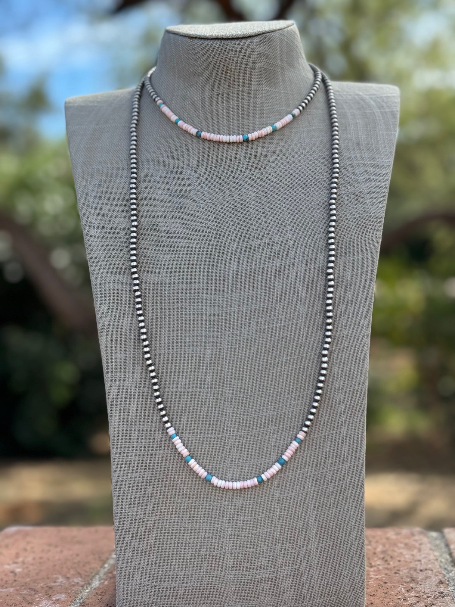 Handcrafted Sterling Silver Kingman Turquoise & Pink Conch 4mm Beaded Necklace