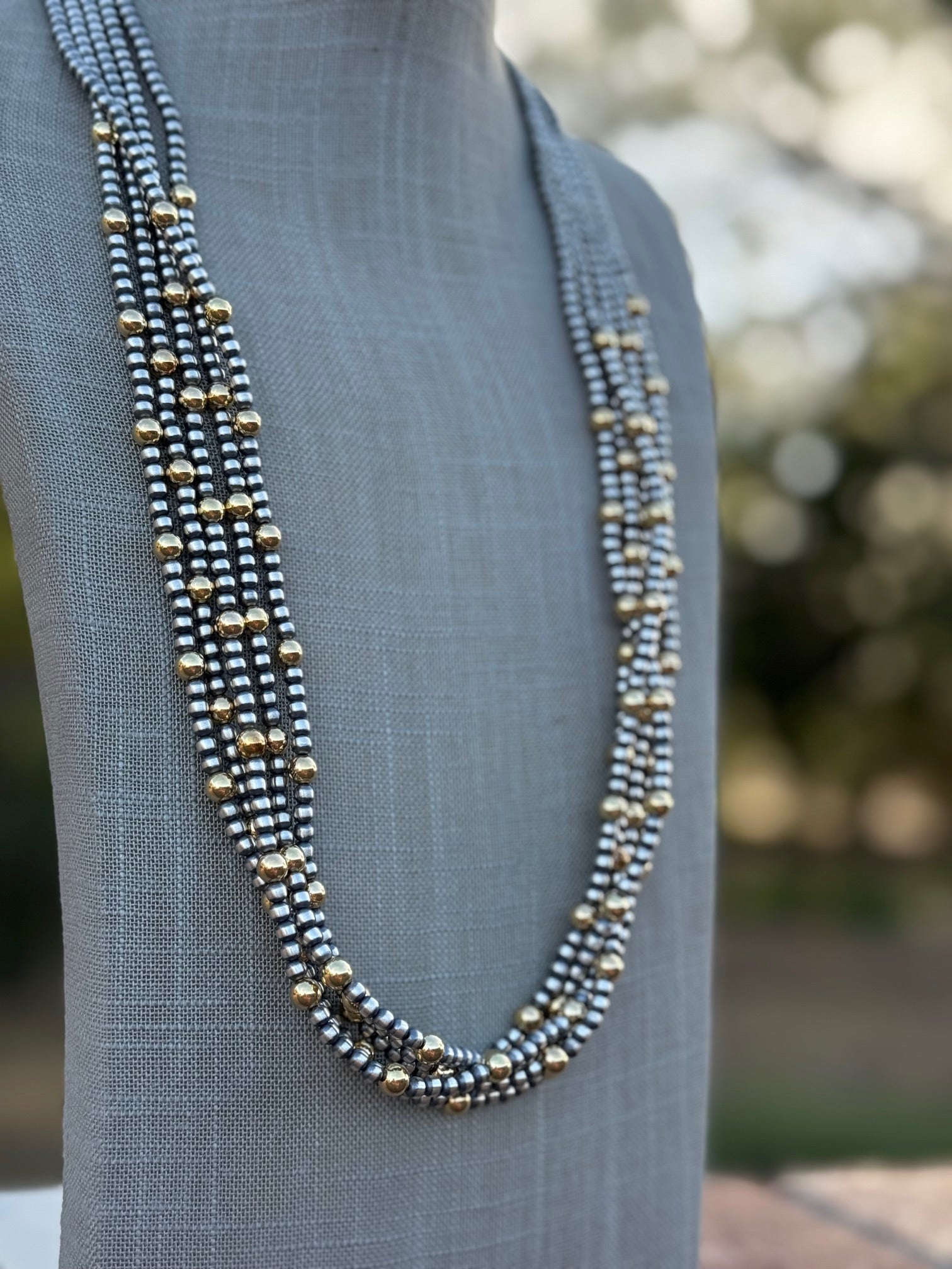 Handcrafted Sterling Silver & Gold 4mm Beaded Necklace 30"