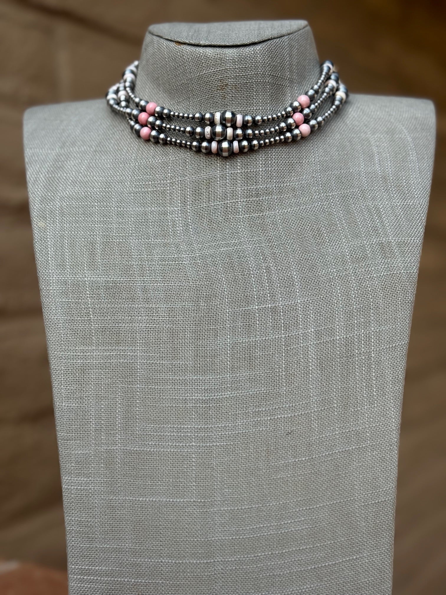 Handcrafted Pink Conch & Sterling Silver 3-8mm Beaded Necklace 14"