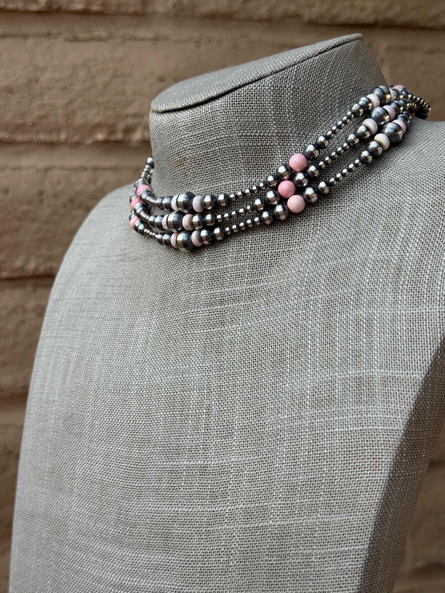 Handcrafted Pink Conch & Sterling Silver 3-8mm Beaded Necklace 14"