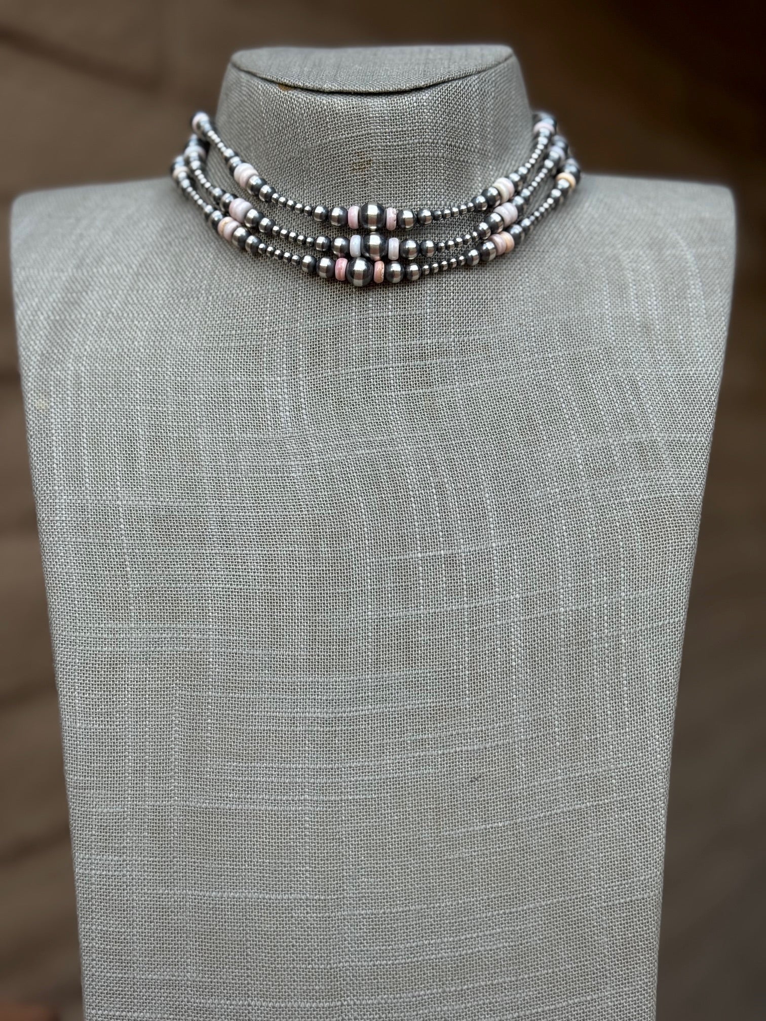 Handcrafted Pink Conch & Sterling Silver 3-8mm Beaded Necklace 14"