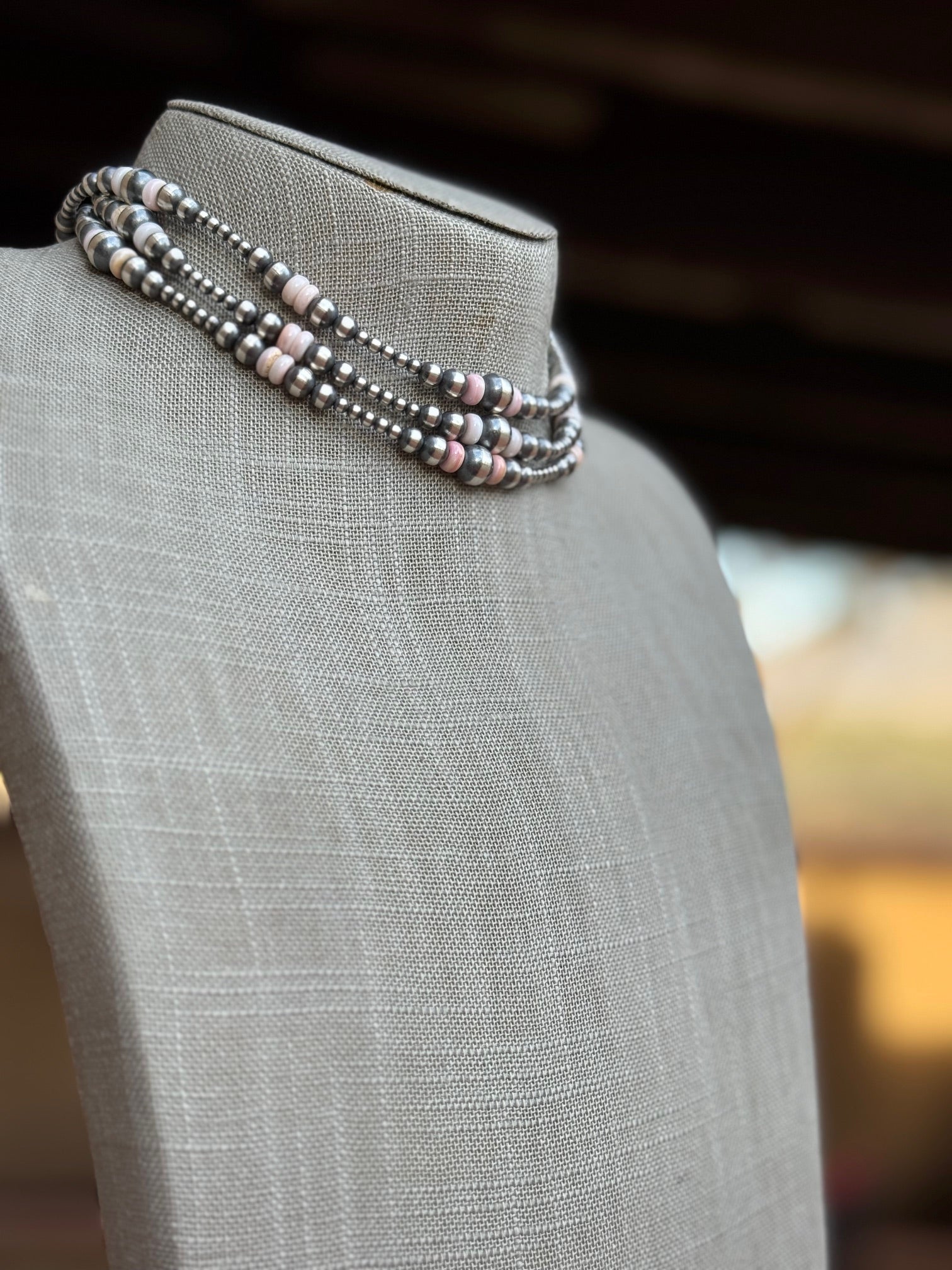 Handcrafted Pink Conch & Sterling Silver 3-8mm Beaded Necklace 14"