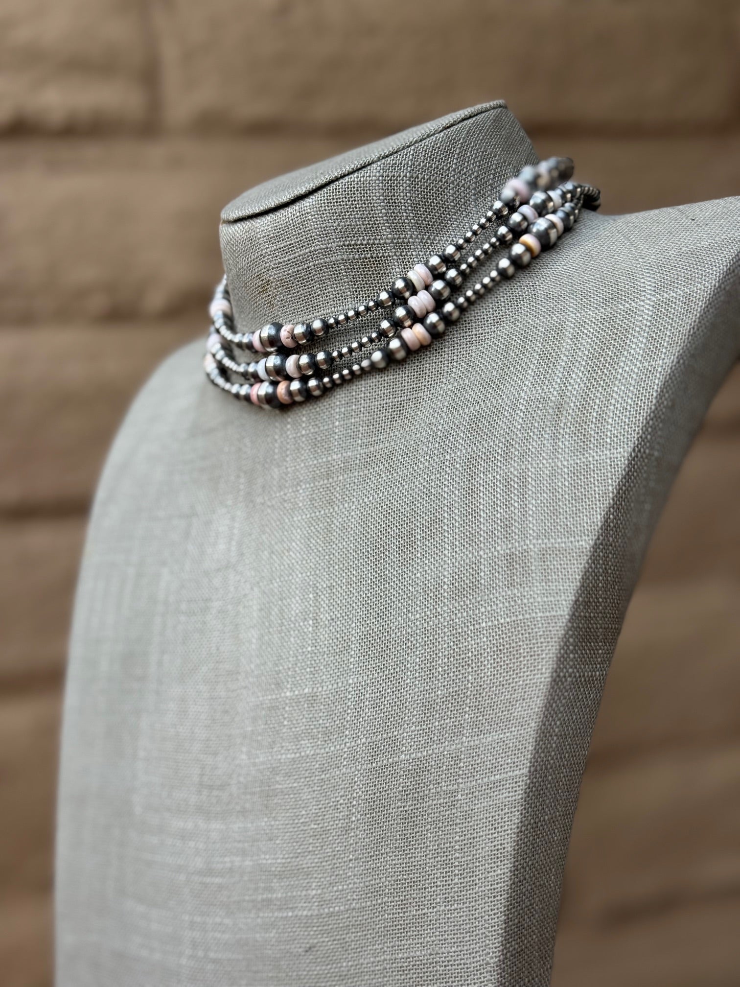 Handcrafted Pink Conch & Sterling Silver 3-8mm Beaded Necklace 14"