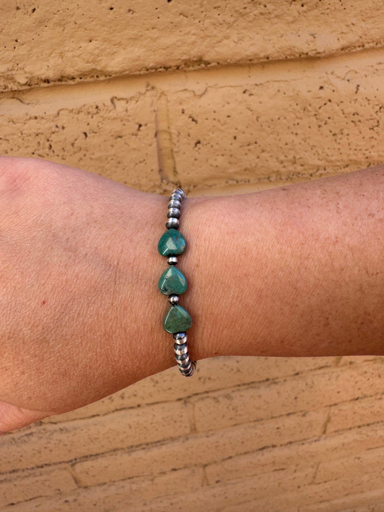 Handcrafted Sterling Silver Pearl & Turquoise 4mm Beaded Heart Bracelet 7.5"