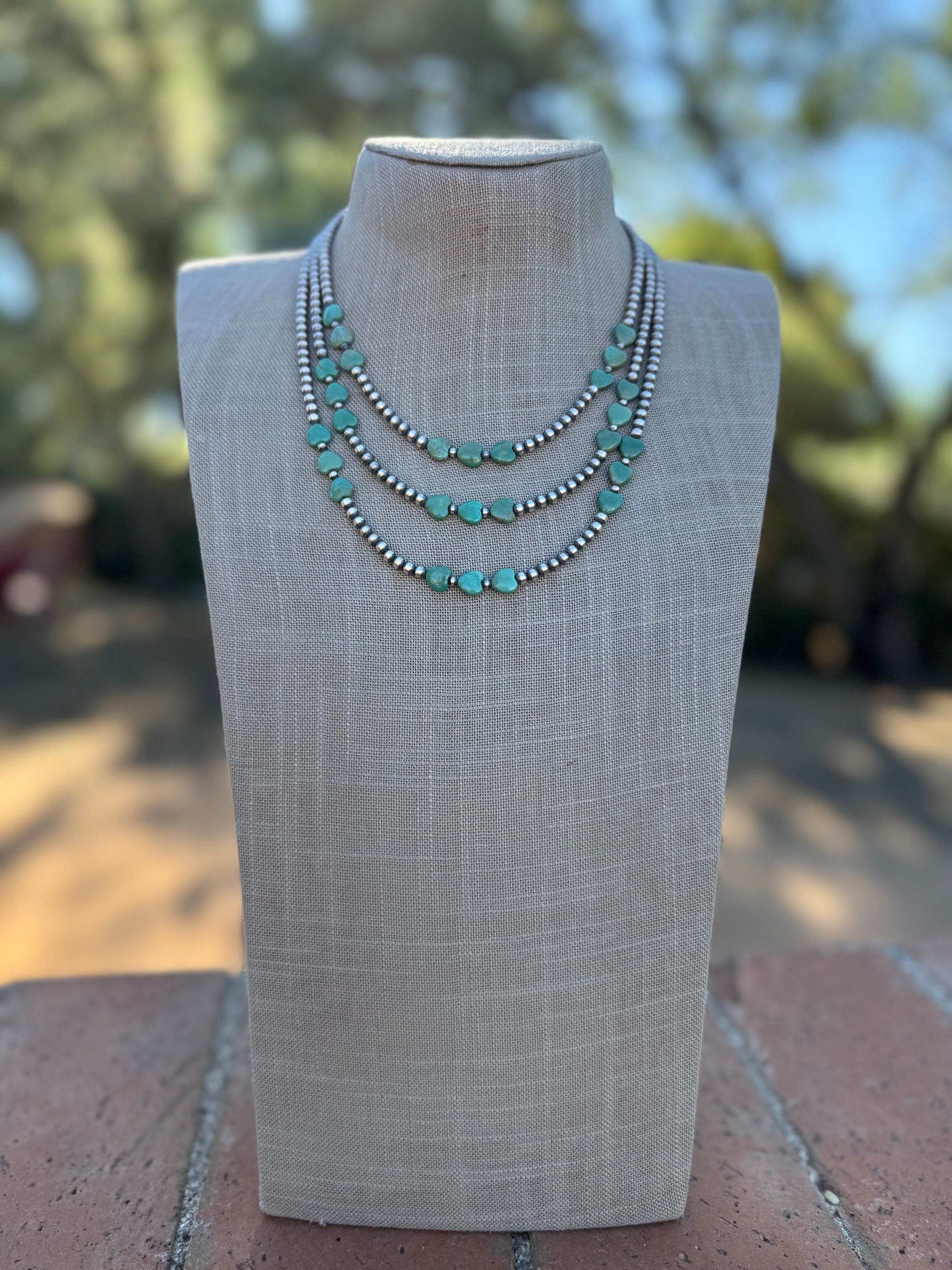 Handcrafted Kingman Turquoise &  Sterling Silver Heart 4mm Beaded Necklace