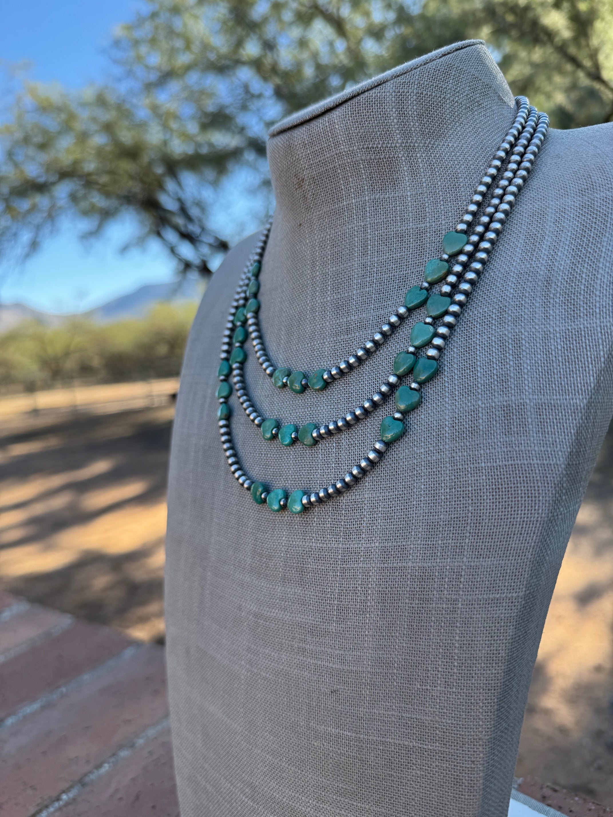 Handcrafted Kingman Turquoise &  Sterling Silver Heart 4mm Beaded Necklace