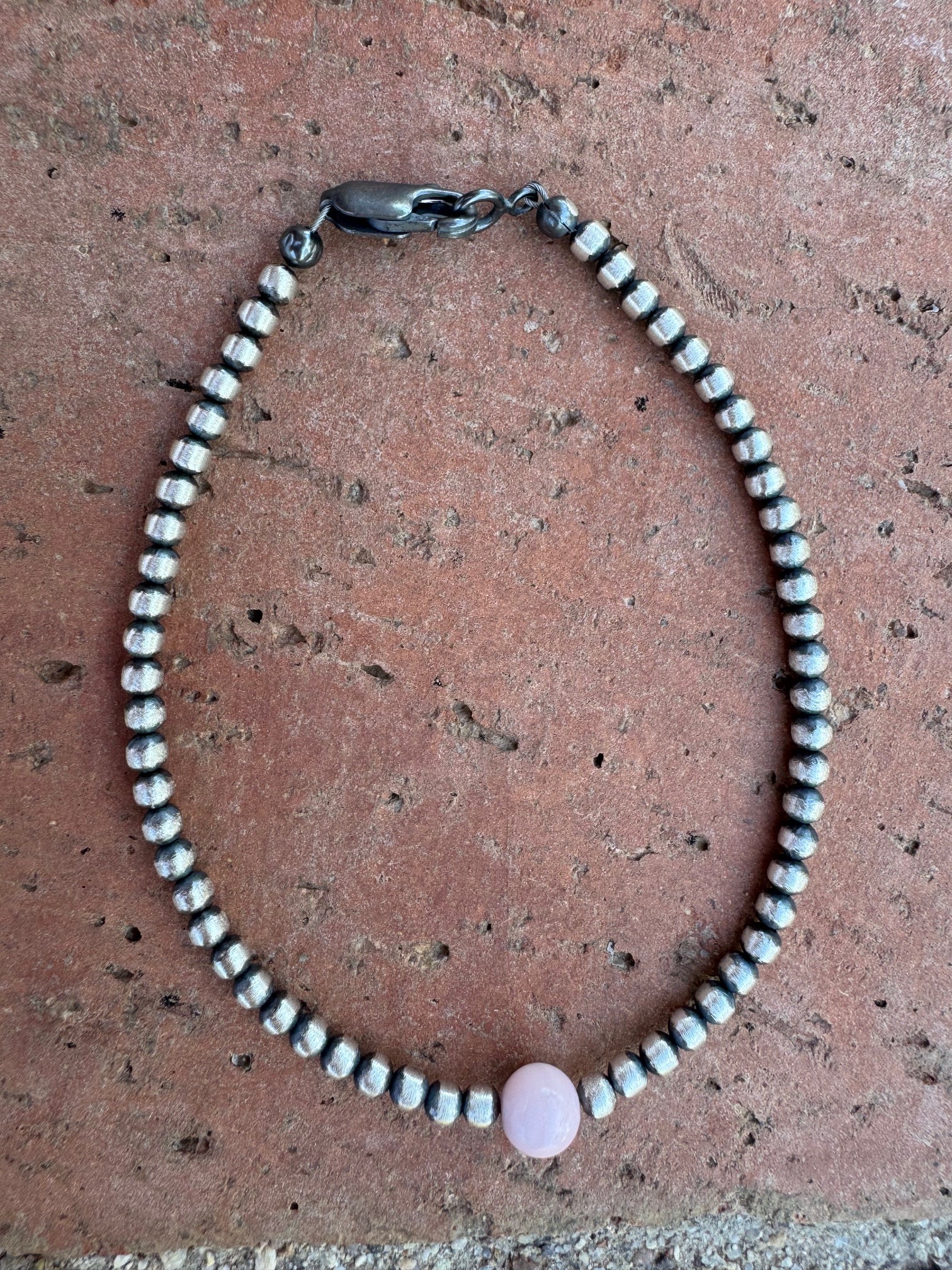 Handcrafted Pink Conch & Sterling Silver 3mm Beaded Bracelet 7.5"