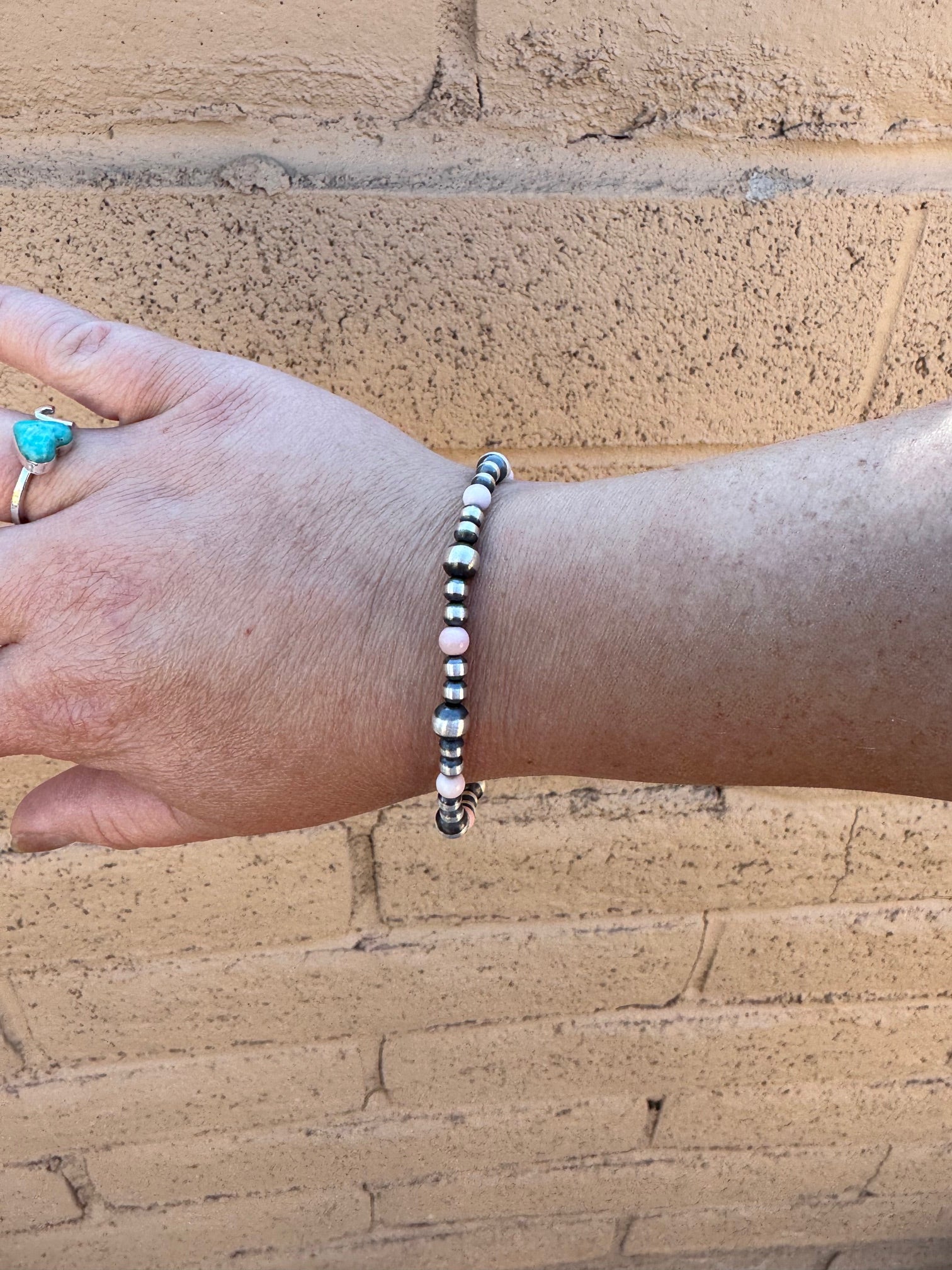 Handcrafted Pink Conch & Sterling Silver 3-6mm Beaded Bracelet 7.5"