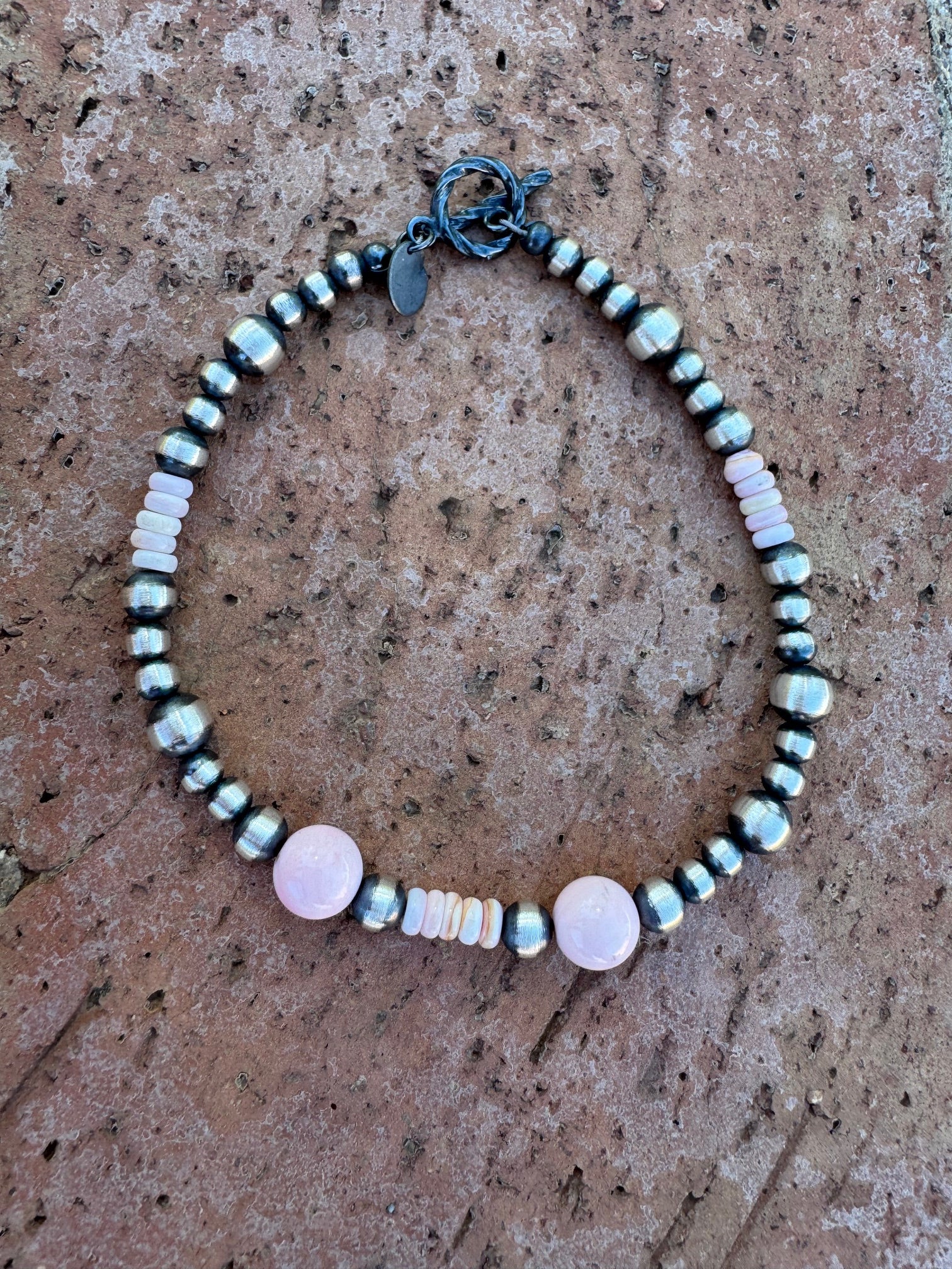 Handcrafted Pink Conch & Sterling Silver 4-6mm Beaded Bracelet 8"