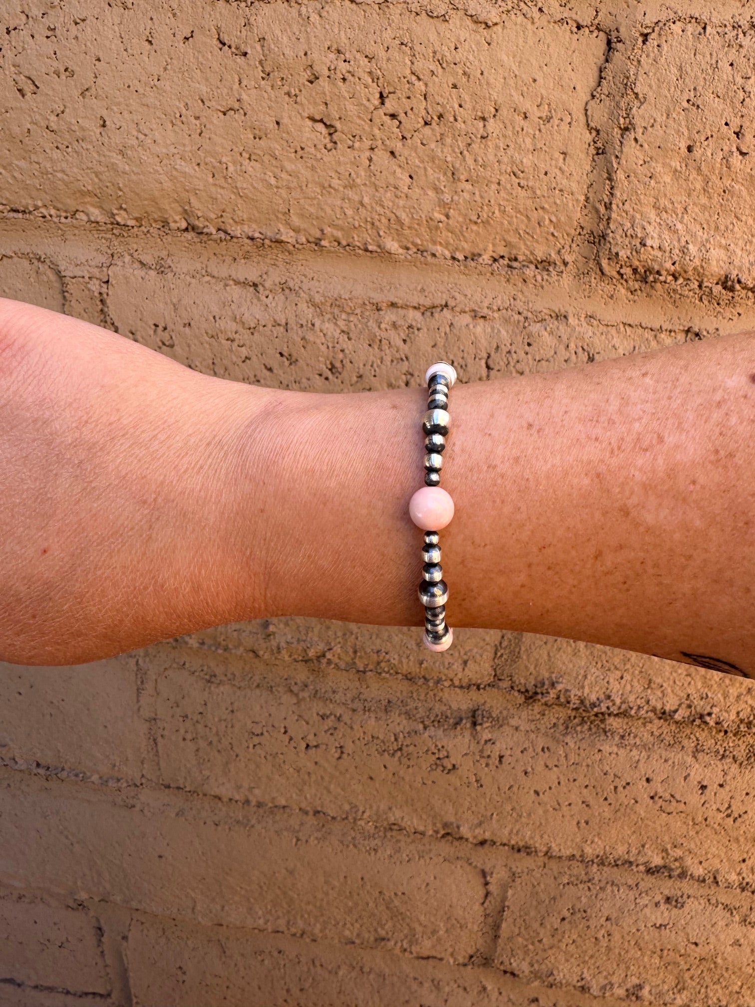 Handcrafted Pink Conch & Sterling Silver 3-6mm Beaded Bracelet 7.25"