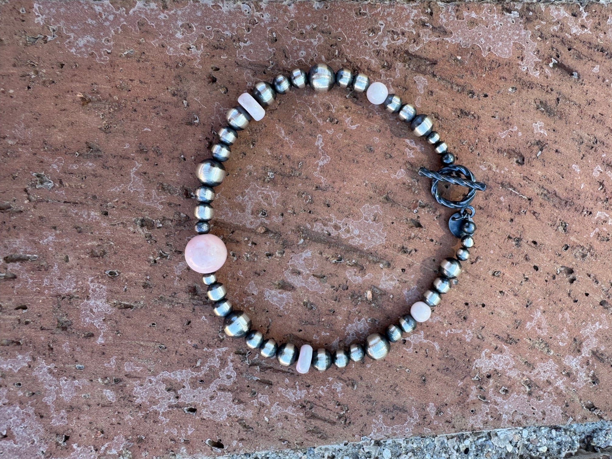 Handcrafted Pink Conch & Sterling Silver 3-6mm Beaded Bracelet 7.25"