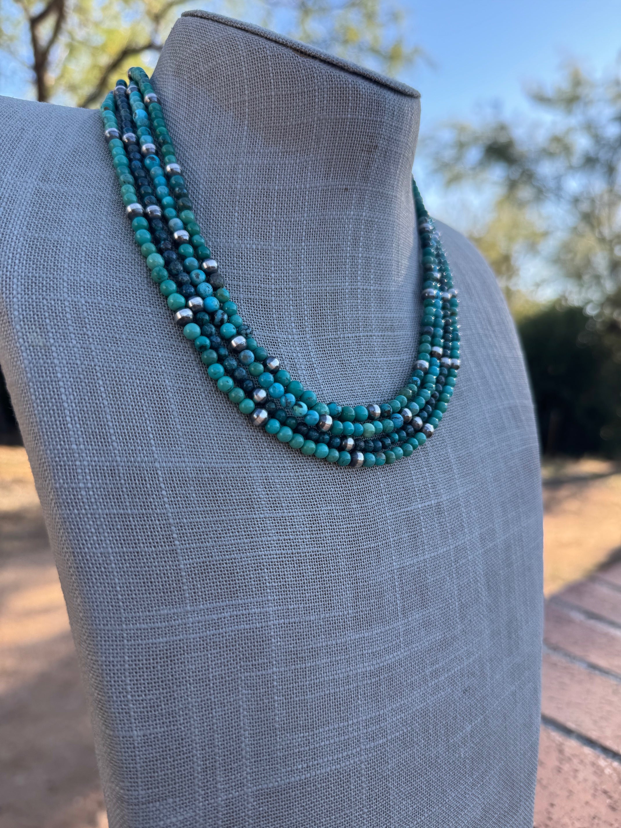 Handcrafted Kingman Turquoise & Sterling silver pearl 5mm Beaded Necklace 18"