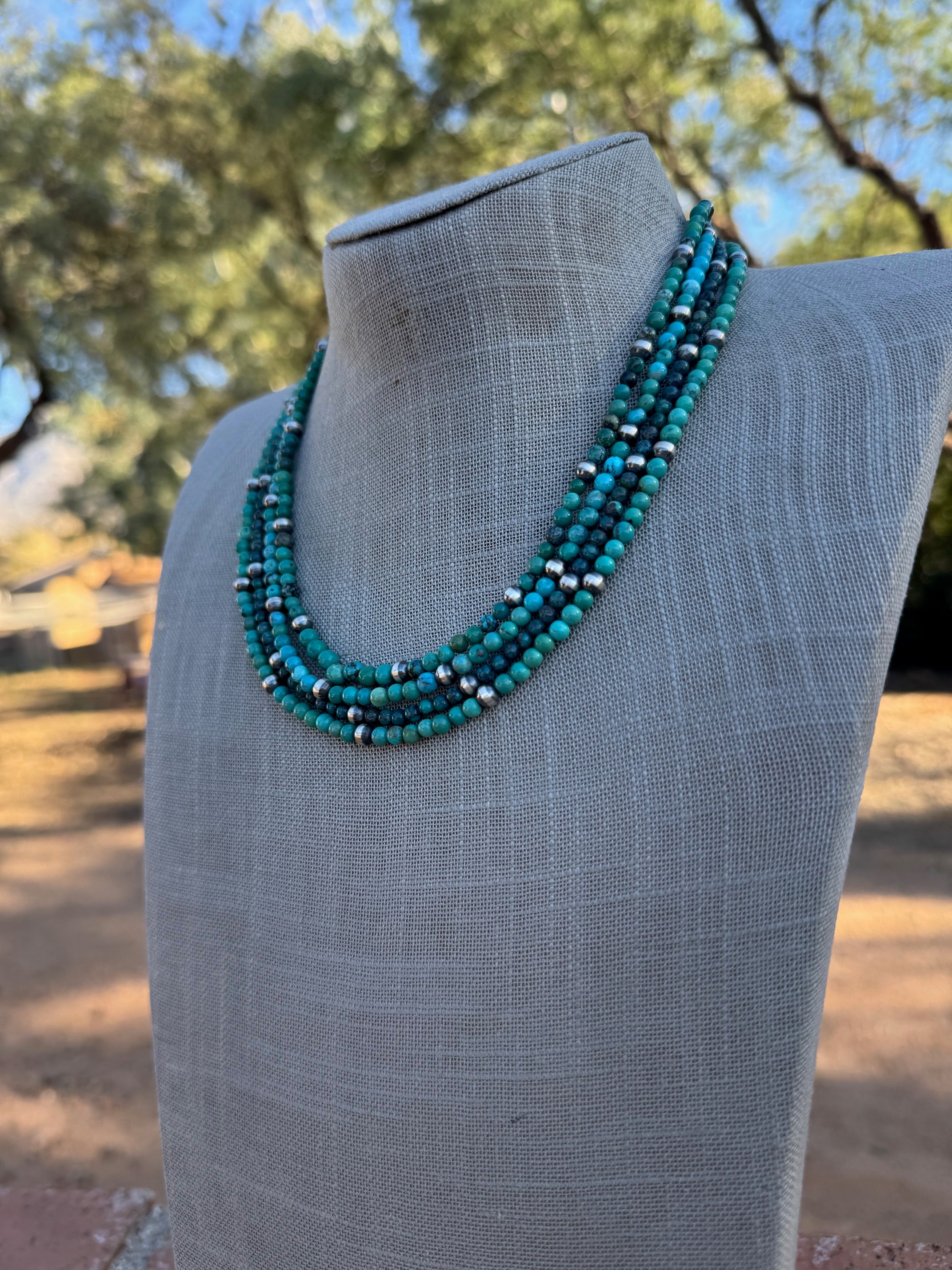 Handcrafted Kingman Turquoise & Sterling silver pearl 4-5mm Beaded Necklace 18"