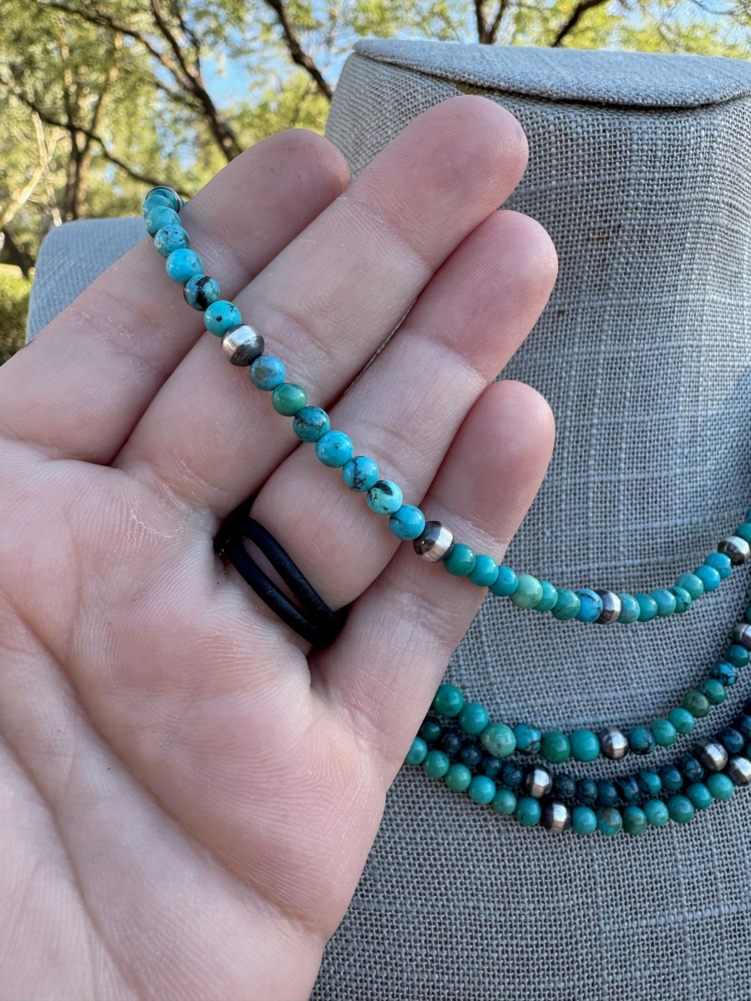 Handcrafted Kingman Turquoise & Sterling silver pearl 4-5mm Beaded Necklace 18"