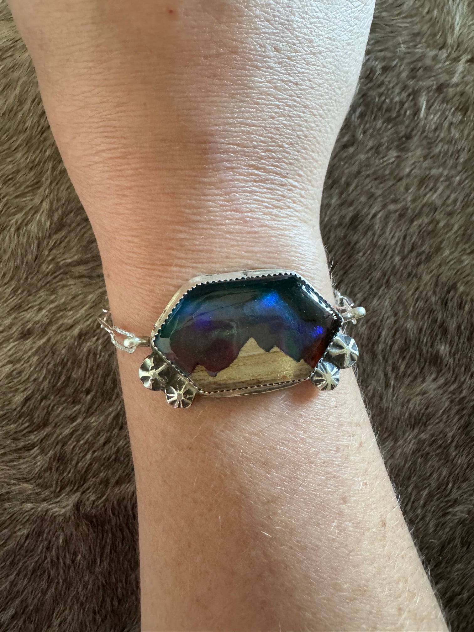 Handmade Sterling Silver Wood Carved Inlay Mountain 8" Bracelet by Roaming Buffalo
