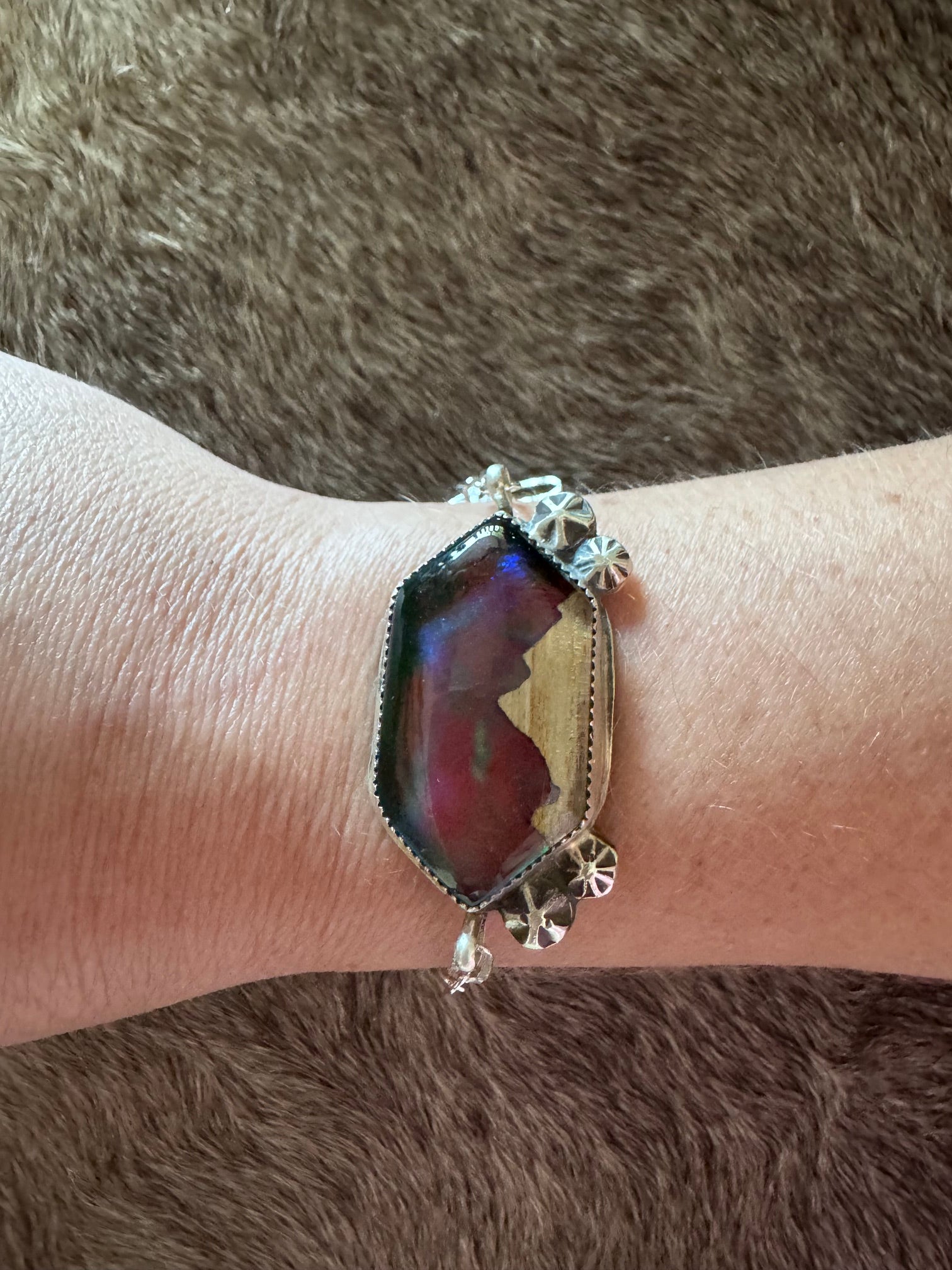 Handmade Sterling Silver Wood Carved Inlay Mountain 8" Bracelet by Roaming Buffalo