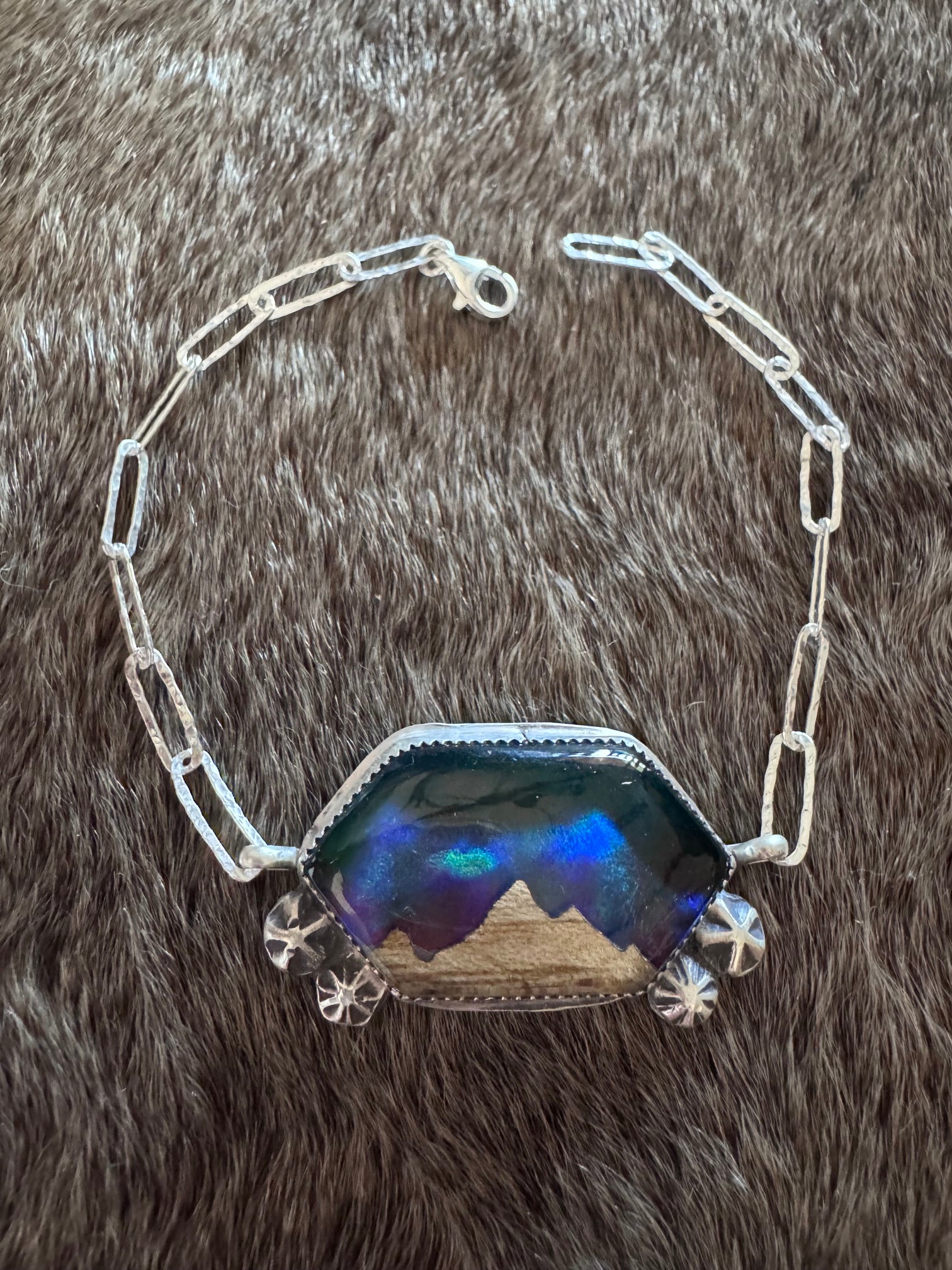 Handmade Sterling Silver Wood Carved Inlay Mountain 8" Bracelet by Roaming Buffalo
