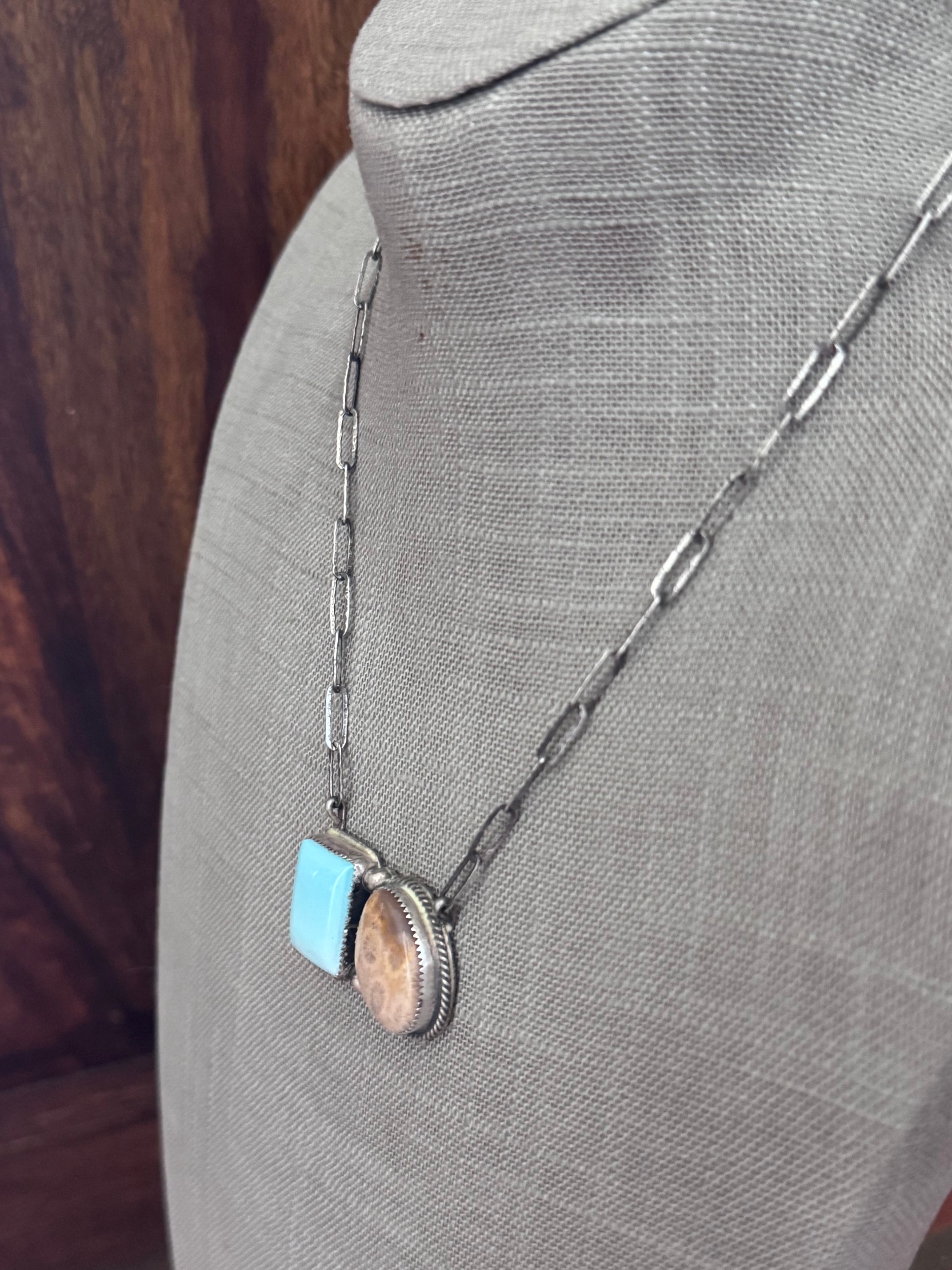 Handmade Sterling Silver Fossilized Coral & Carico Lake 18" Necklace by Roaming Buffalo