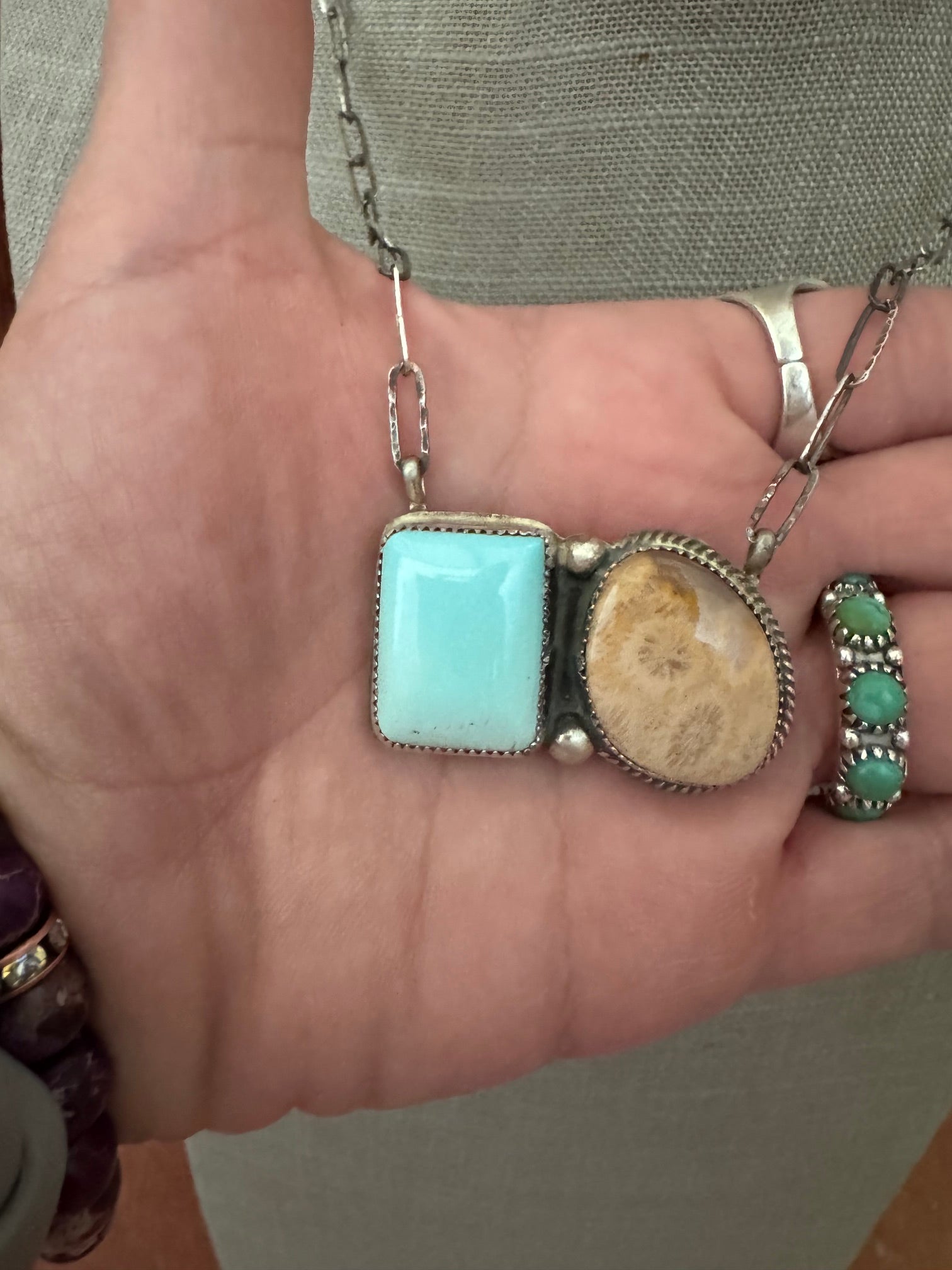 Handmade Sterling Silver Fossilized Coral & Carico Lake 18" Necklace by Roaming Buffalo