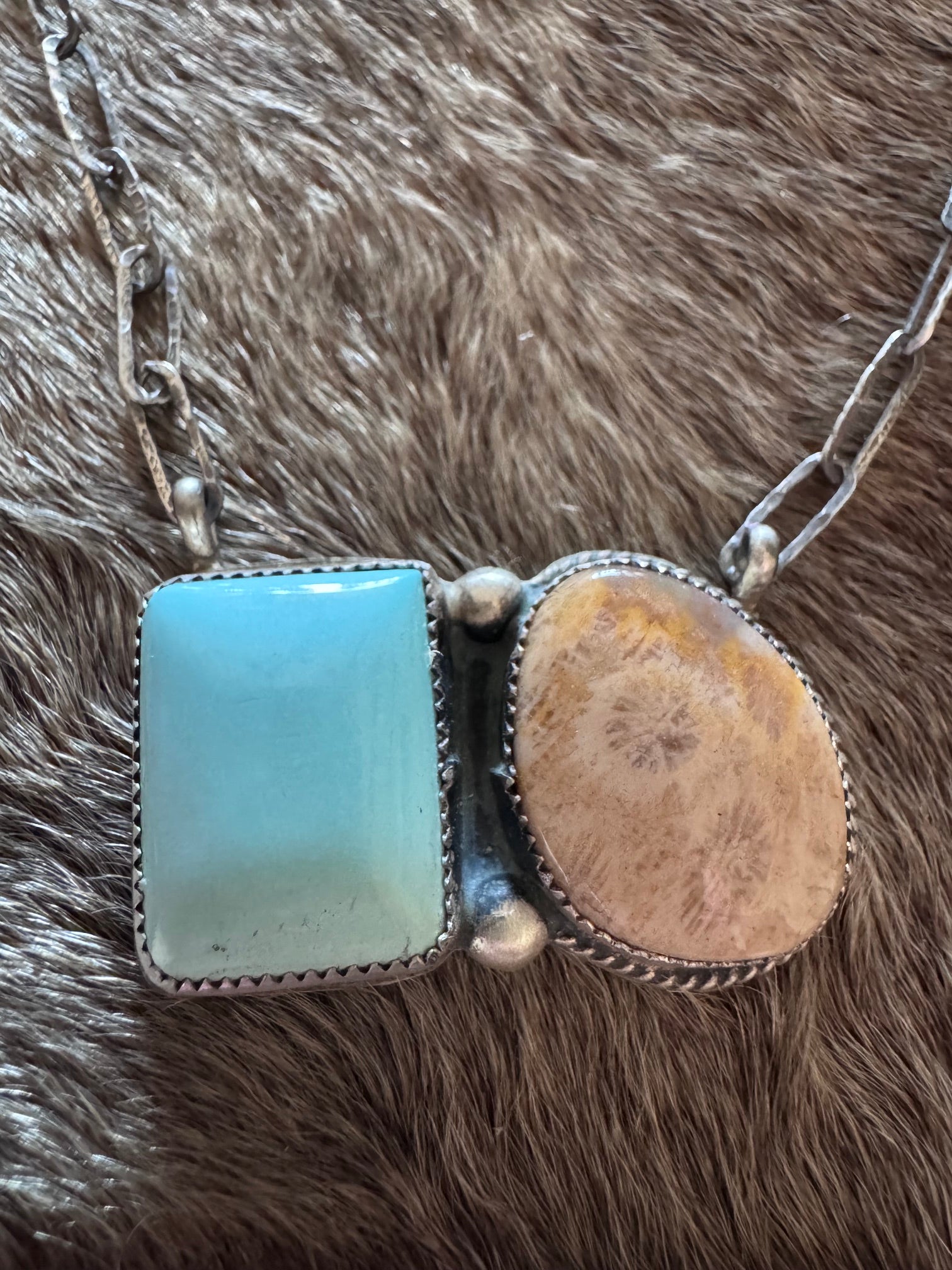 Handmade Sterling Silver Fossilized Coral & Carico Lake 18" Necklace by Roaming Buffalo