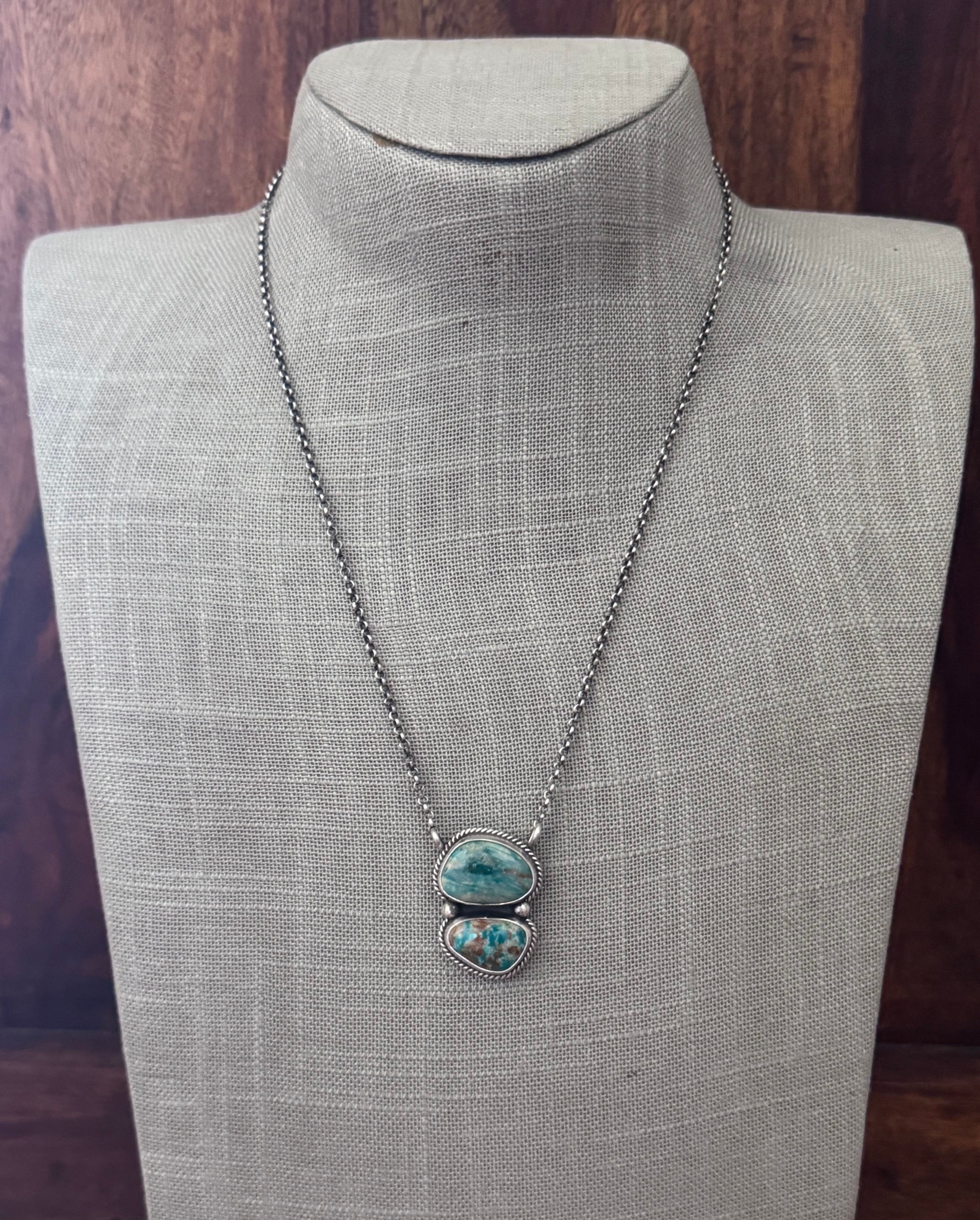 Handmade Sterling Silver Two Stone Fox Turquoise 19" Necklace by Roaming Buffalo