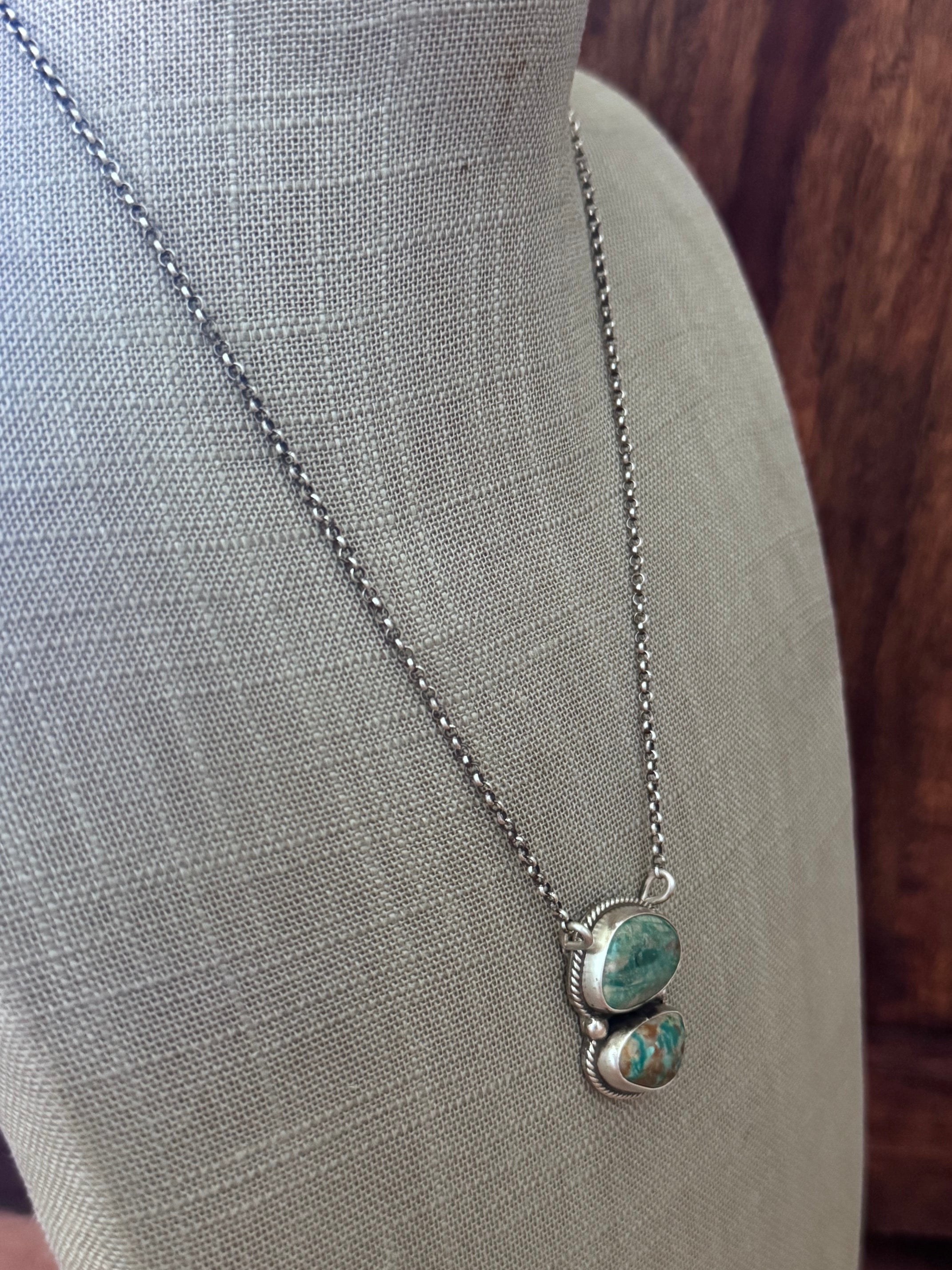 Handmade Sterling Silver Two Stone Fox Turquoise 19" Necklace by Roaming Buffalo