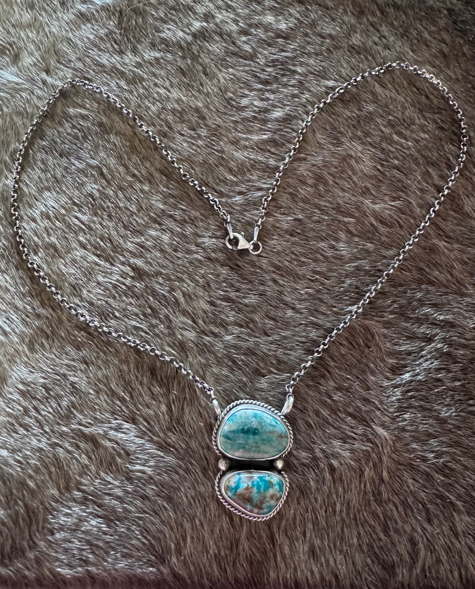 Handmade Sterling Silver Two Stone Fox Turquoise 19" Necklace by Roaming Buffalo