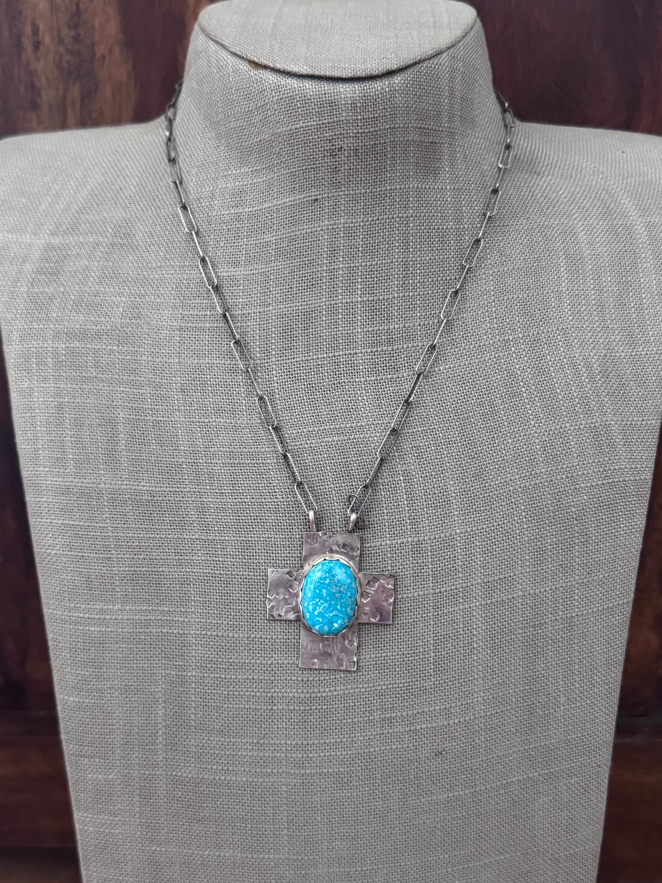 Handmade Sterling Silver White Water Turquoise Cross 18" Necklace by Roaming Buffalo