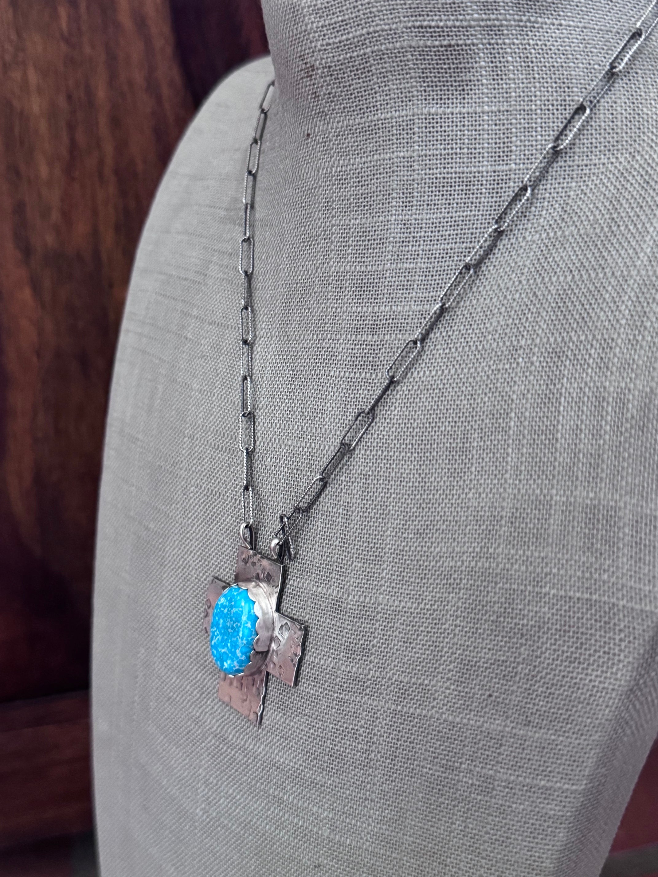 Handmade Sterling Silver White Water Turquoise Cross 18" Necklace by Roaming Buffalo