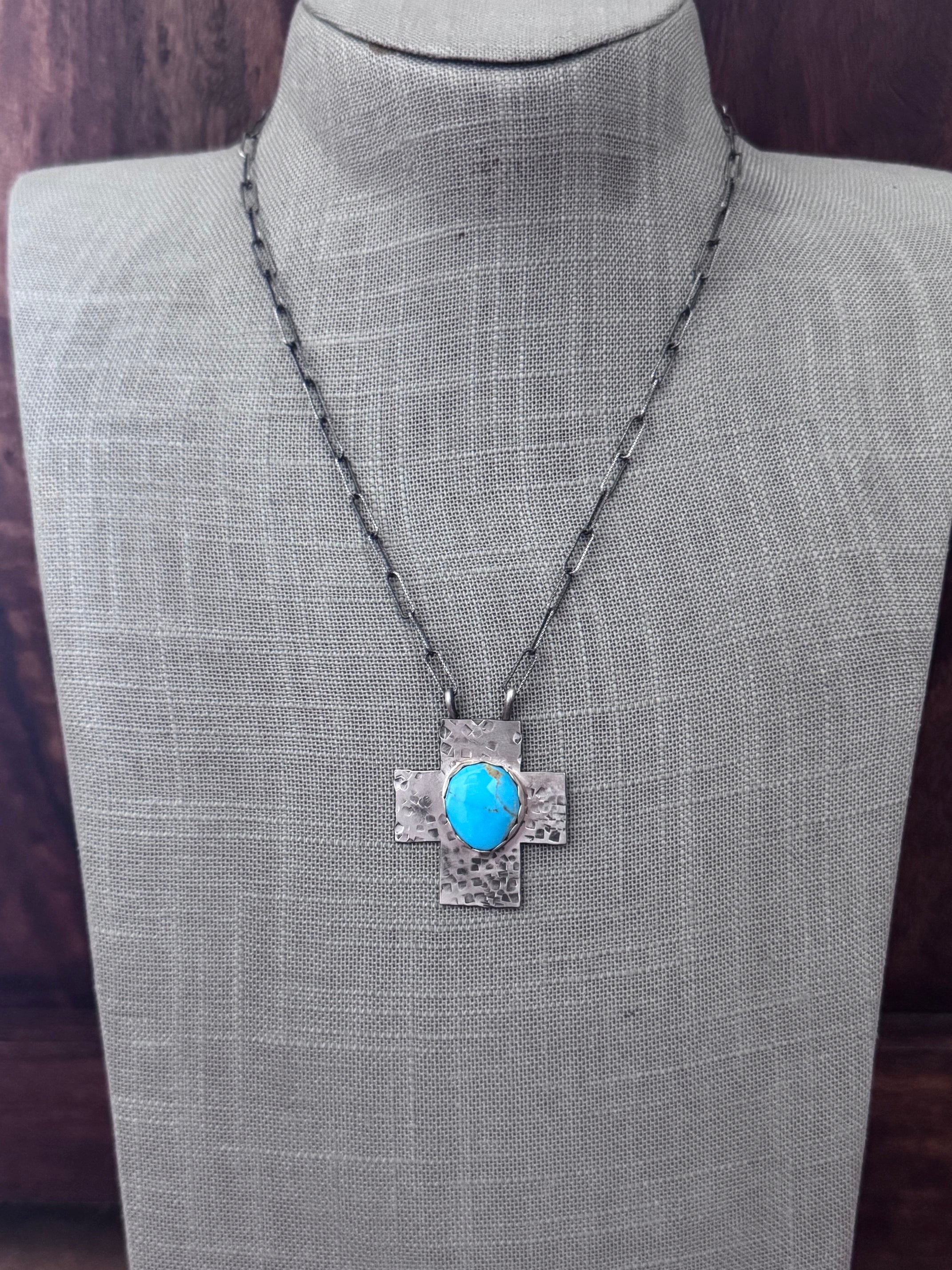 Handmade Sterling Silver Kingman Turquoise Cross 18" Necklace by Roaming Buffalo