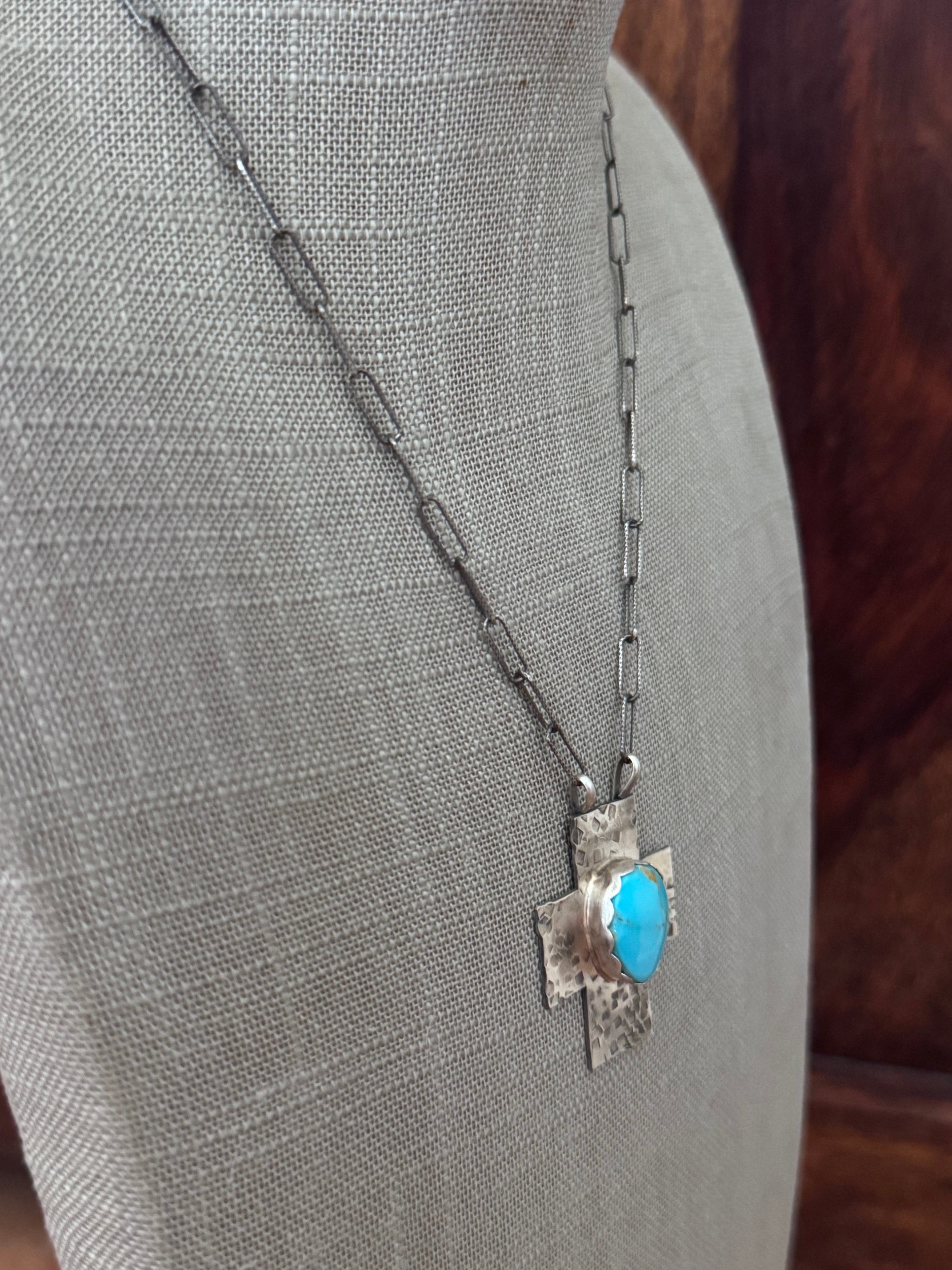 Handmade Sterling Silver Kingman Turquoise Cross 18" Necklace by Roaming Buffalo