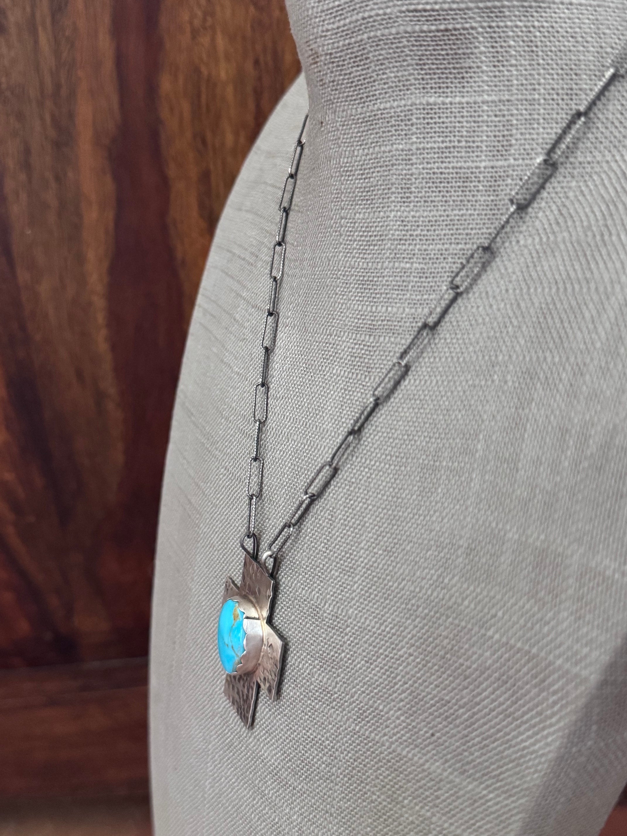 Handmade Sterling Silver Kingman Turquoise Cross 18" Necklace by Roaming Buffalo