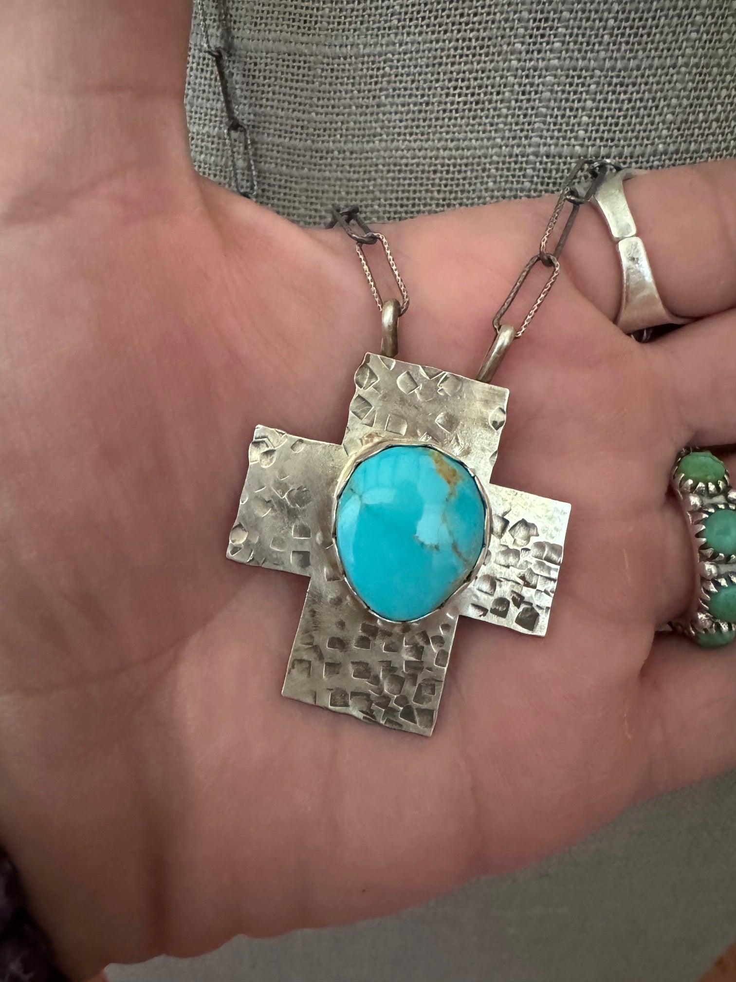 Handmade Sterling Silver Kingman Turquoise Cross 18" Necklace by Roaming Buffalo