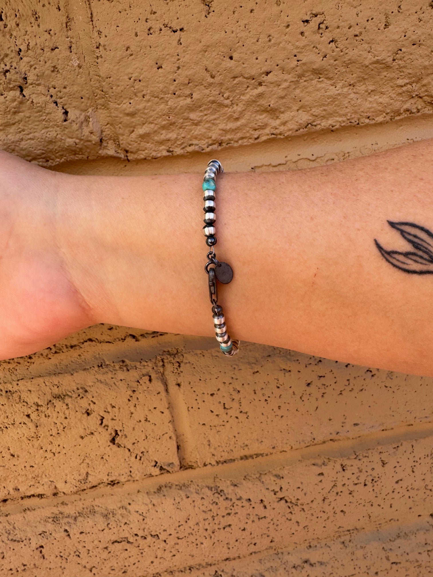 Handcrafted Turquoise & Sterling Silver Pearls 4-5mm Beaded Bracelet 7.5"