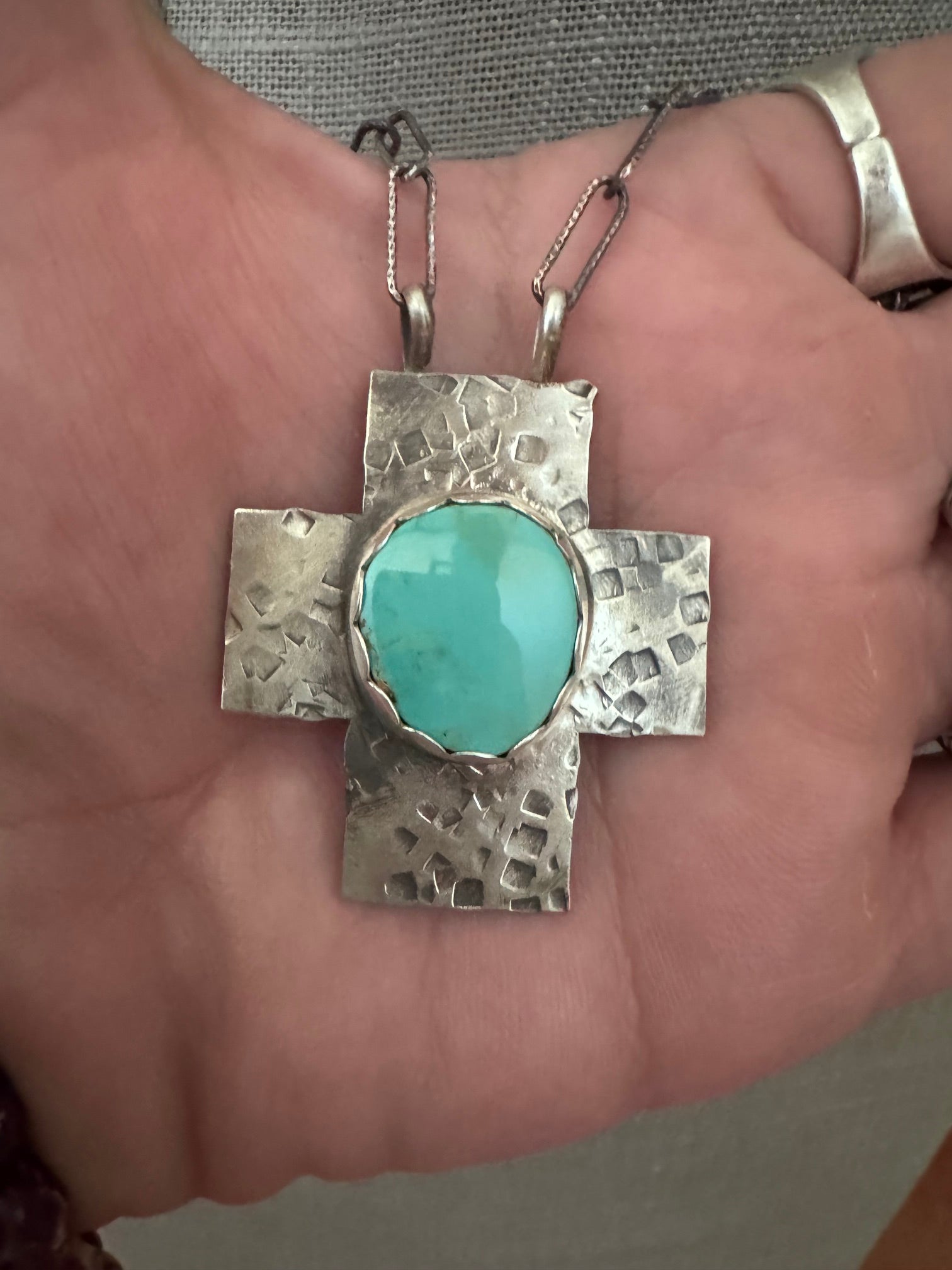 Handmade Sterling Silver Chilean Turquoise Cross 18" Necklace by Roaming Buffalo