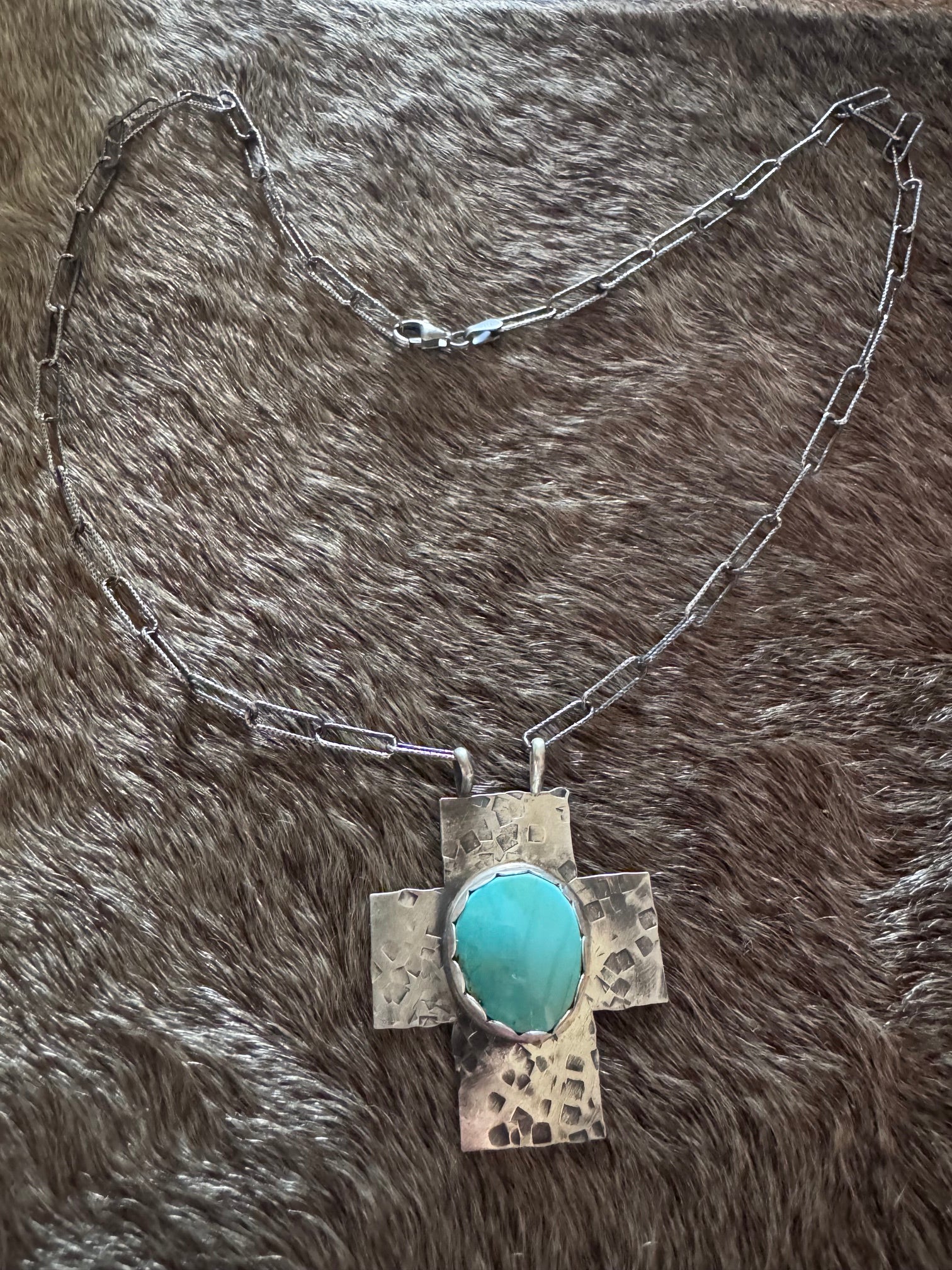 Handmade Sterling Silver Chilean Turquoise Cross 18" Necklace by Roaming Buffalo