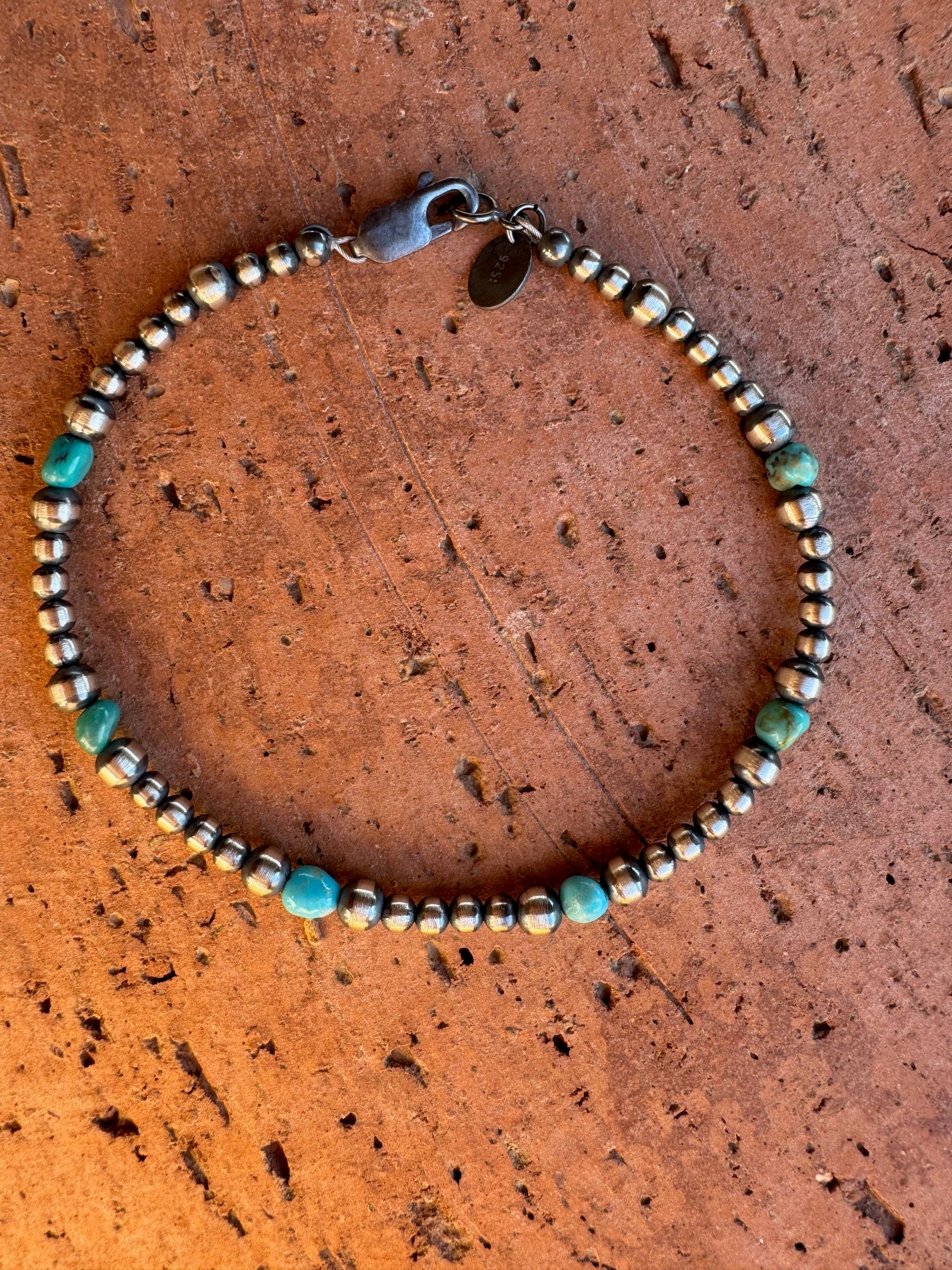 Handcrafted Turquoise & Sterling Silver Pearls 3-4mm Beaded Bracelet 7.5"