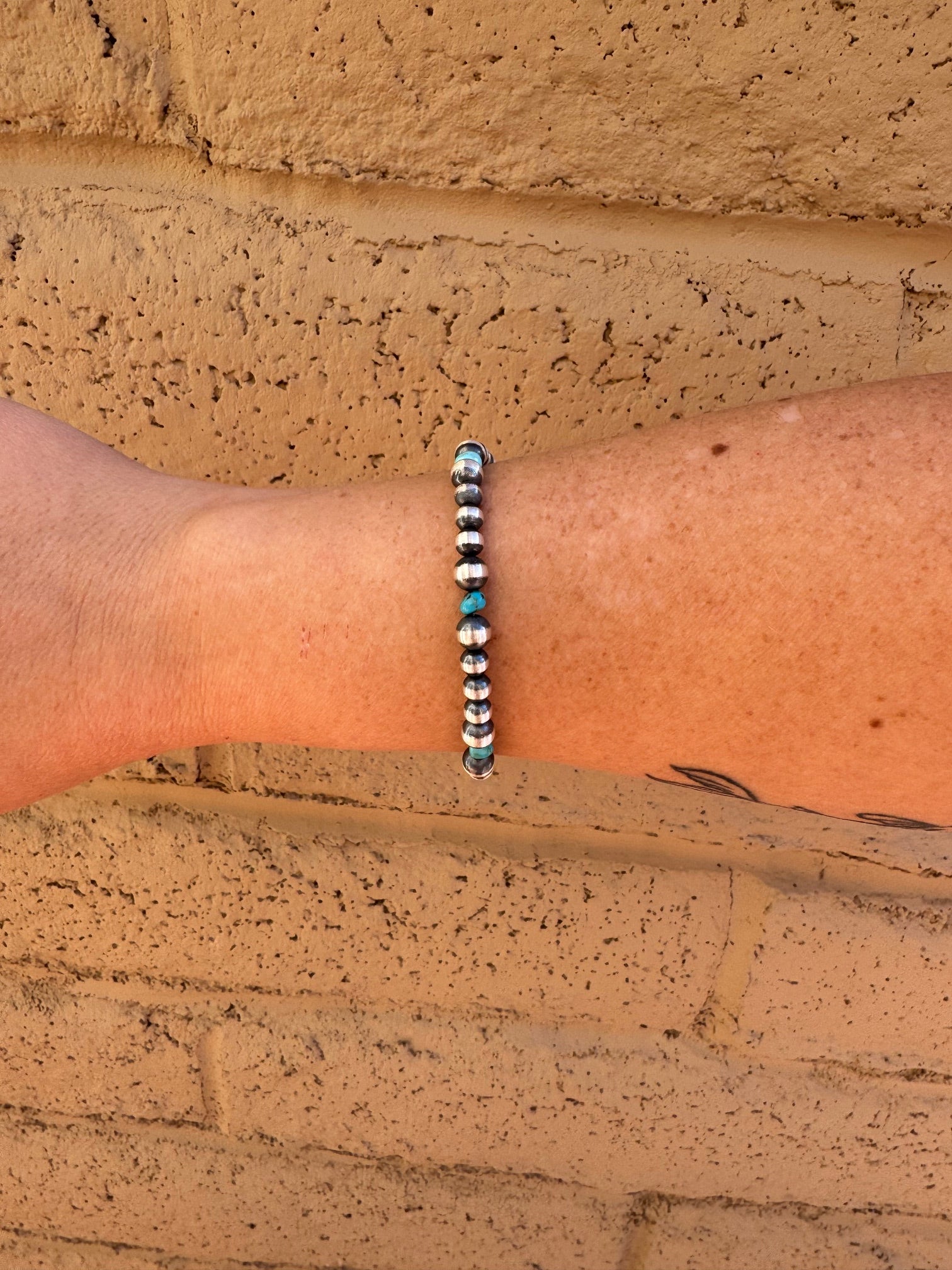 Handcrafted Turquoise & Sterling Silver Pearls 5-6mm Beaded Bracelet 7.5"