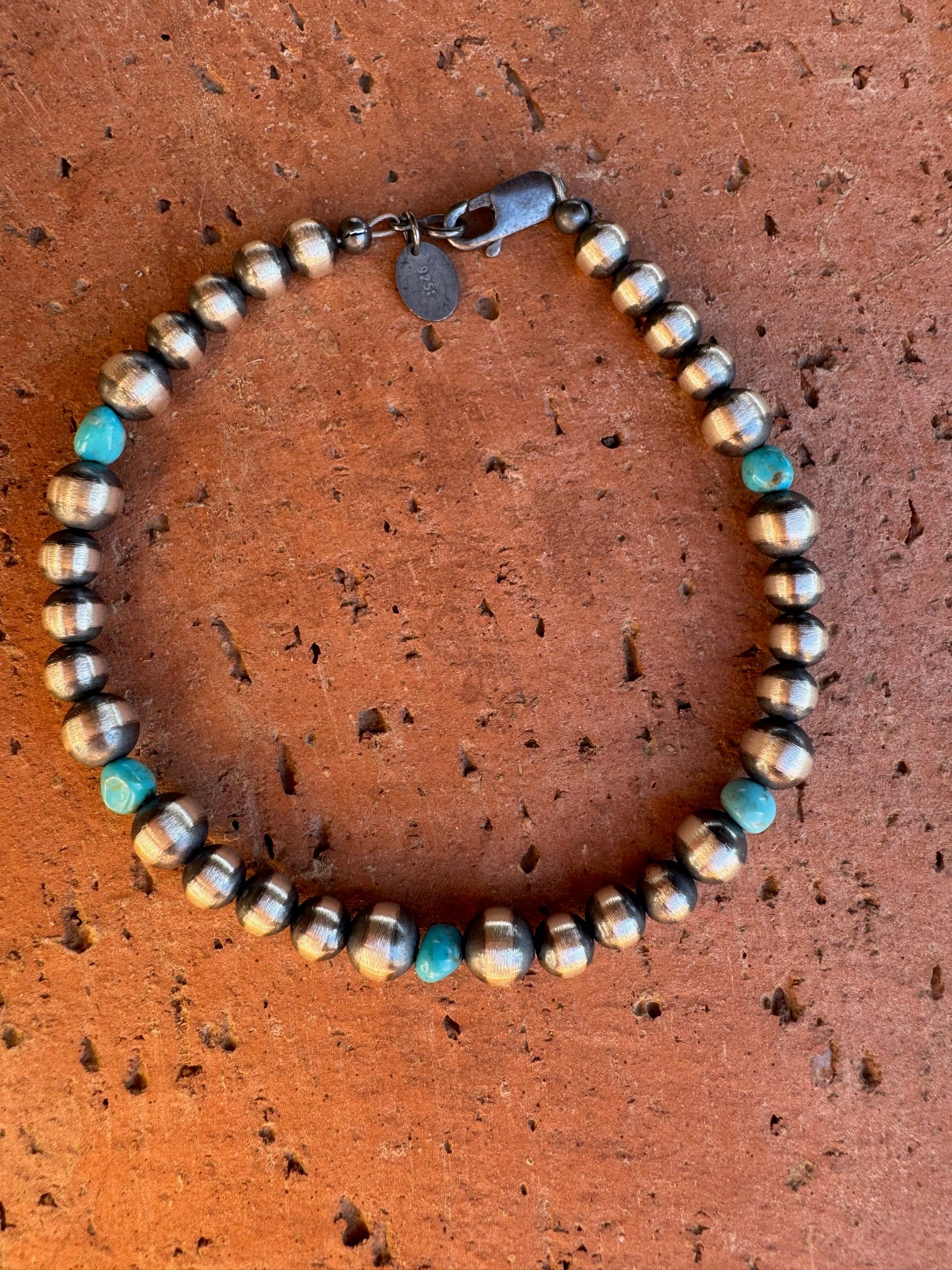 Handcrafted Turquoise & Sterling Silver Pearls 5-6mm Beaded Bracelet 7.5"