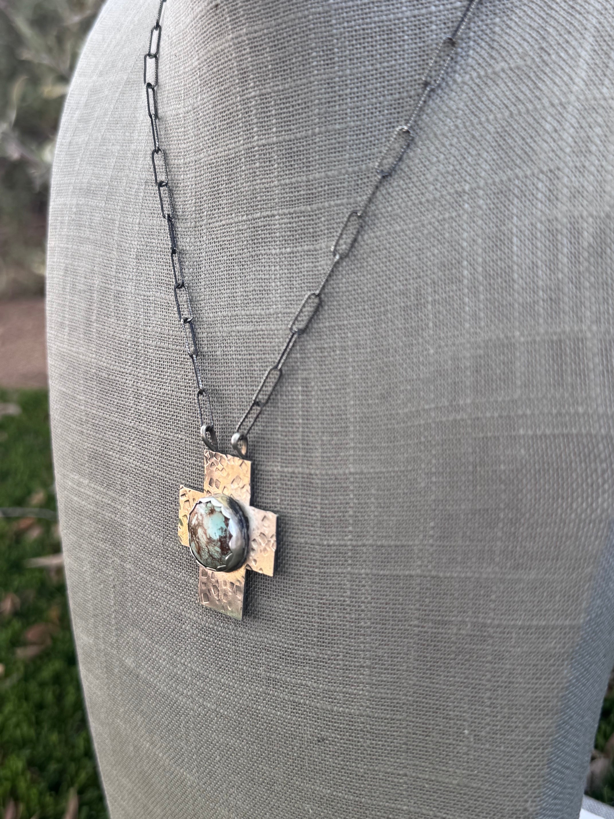 Handmade Sterling Silver Golden Hills Turquoise Cross 18" Necklace by Roaming Buffalo