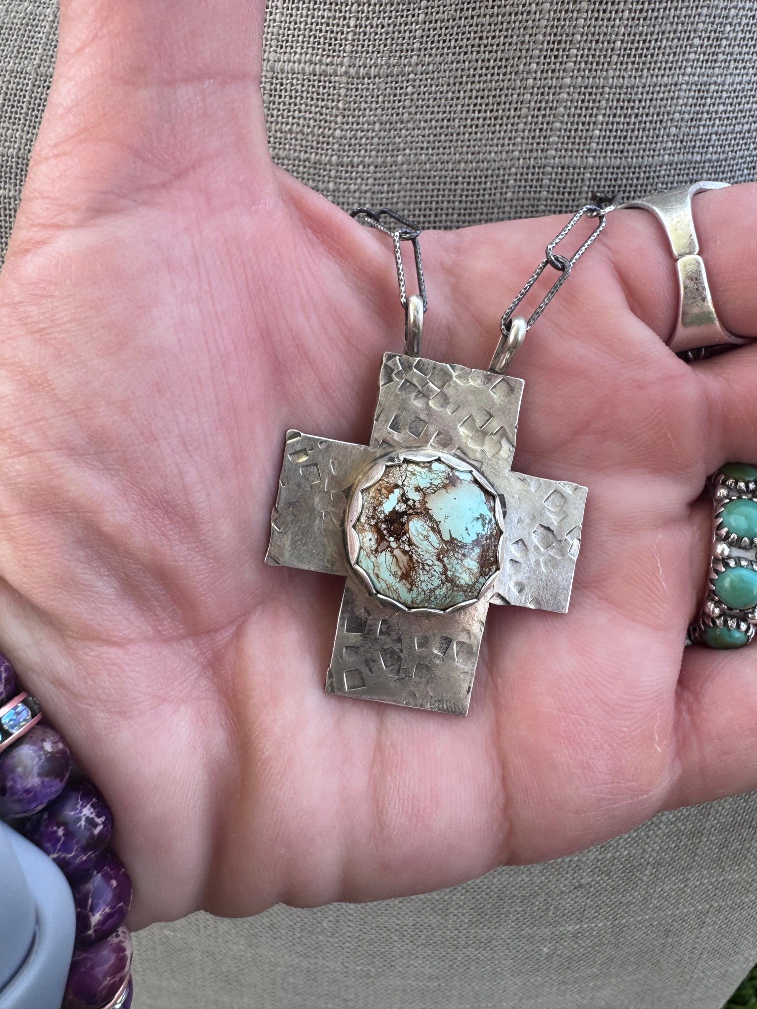 Handmade Sterling Silver Golden Hills Turquoise Cross 18" Necklace by Roaming Buffalo