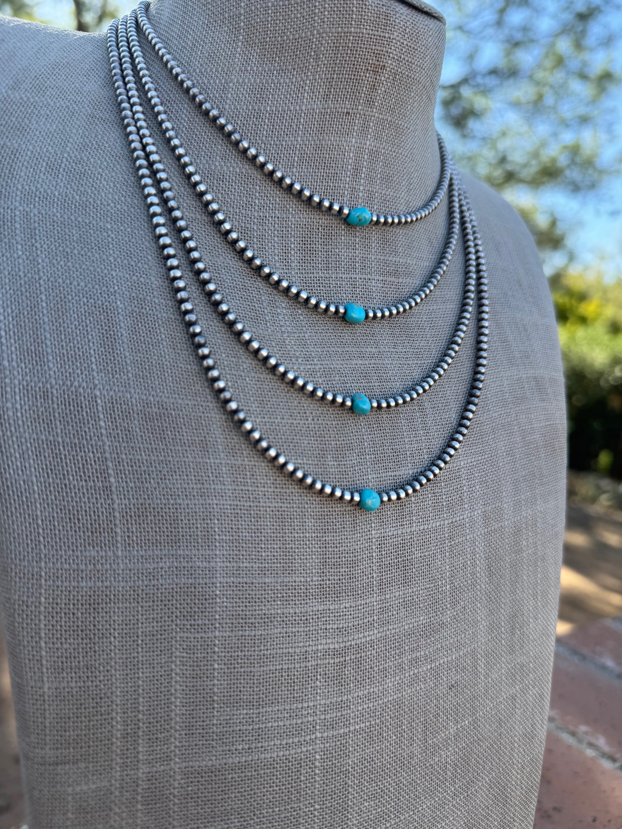 Handcrafted Turquoise & Sterling Silver Pearl 3mm Beaded Necklace