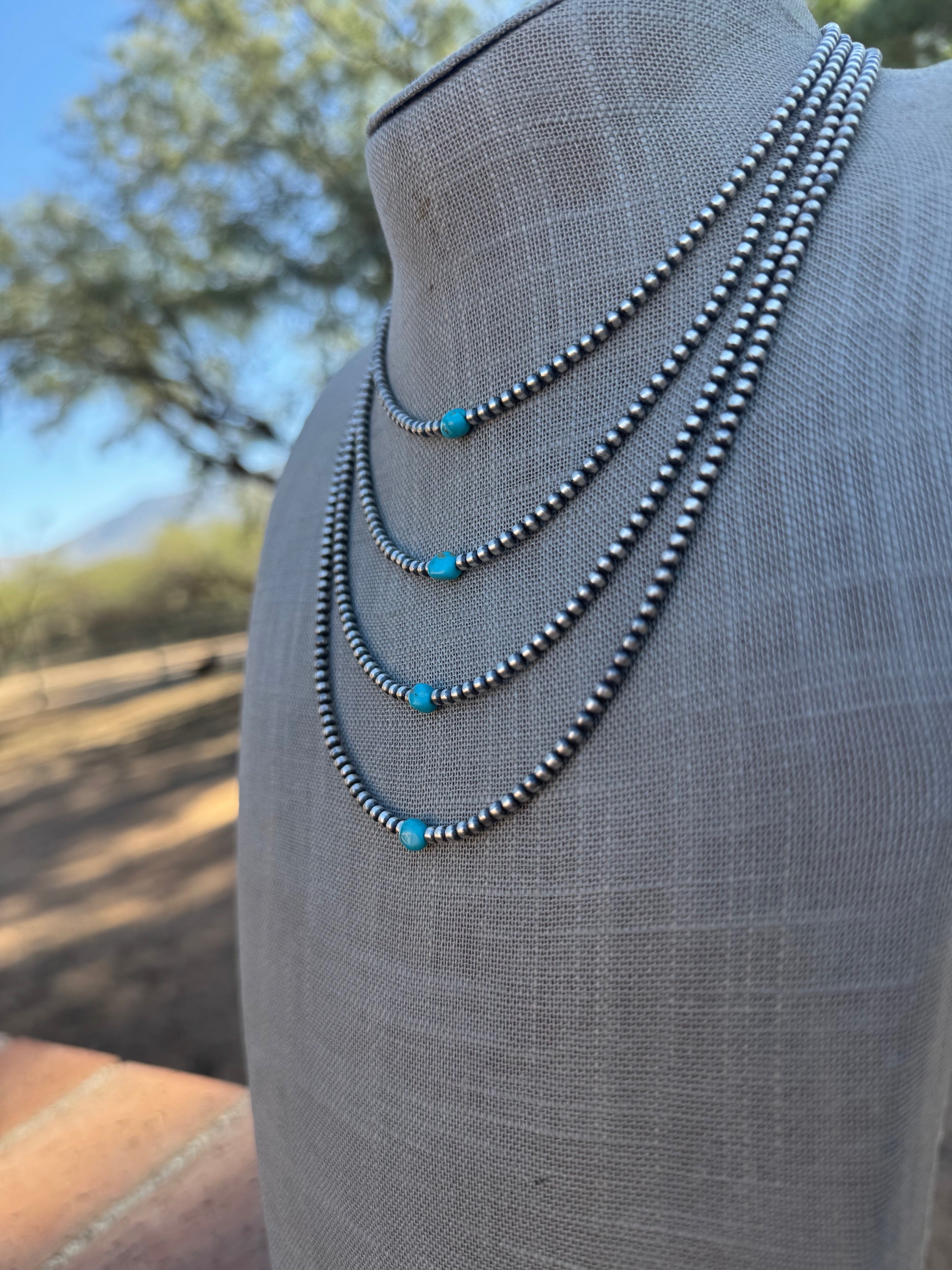 Handcrafted Turquoise & Sterling Silver Pearl 3mm Beaded Necklace