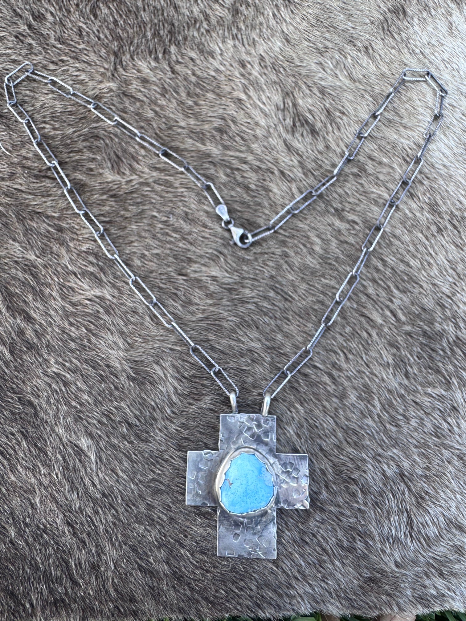 Handmade Sterling Silver Golden Hills Turquoise Cross 18" Necklace by Roaming Buffalo