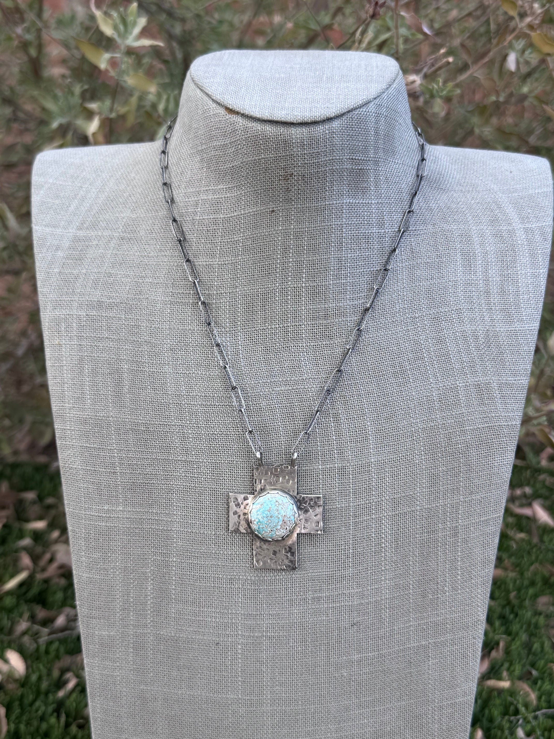 Handmade Sterling Silver White Water Turquoise Cross 18" Necklace by Roaming Buffalo