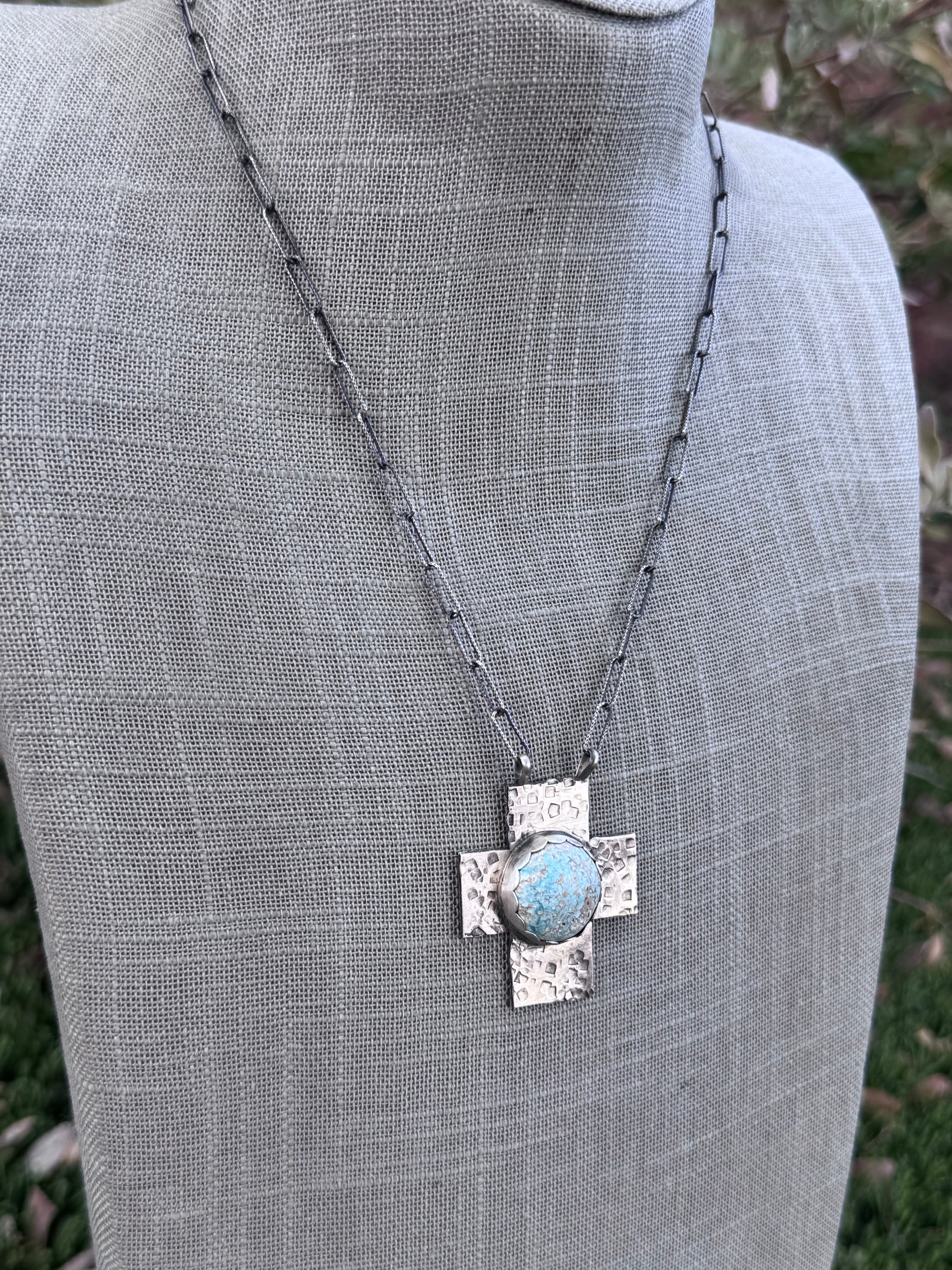 Handmade Sterling Silver White Water Turquoise Cross 18" Necklace by Roaming Buffalo