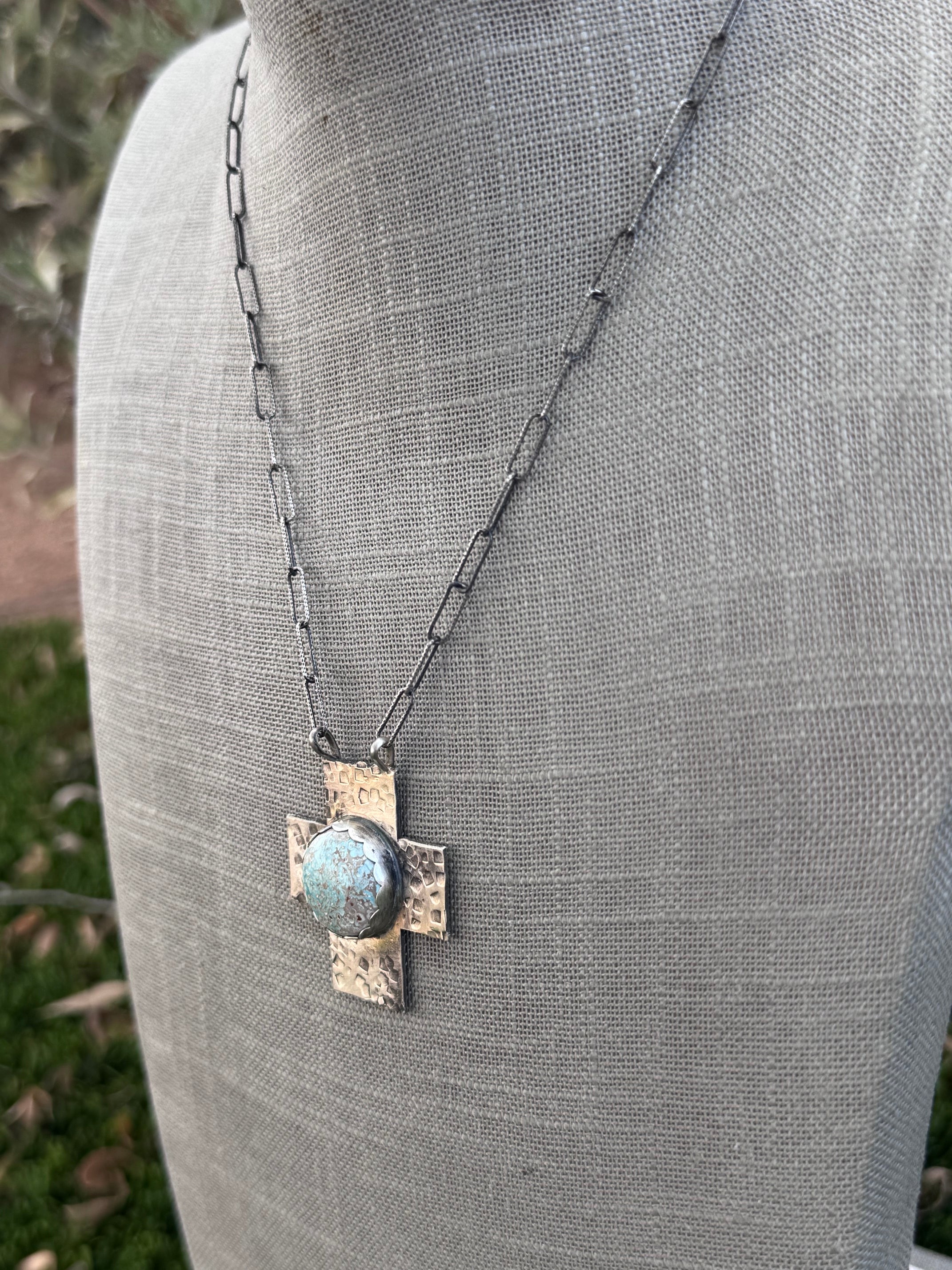 Handmade Sterling Silver White Water Turquoise Cross 18" Necklace by Roaming Buffalo
