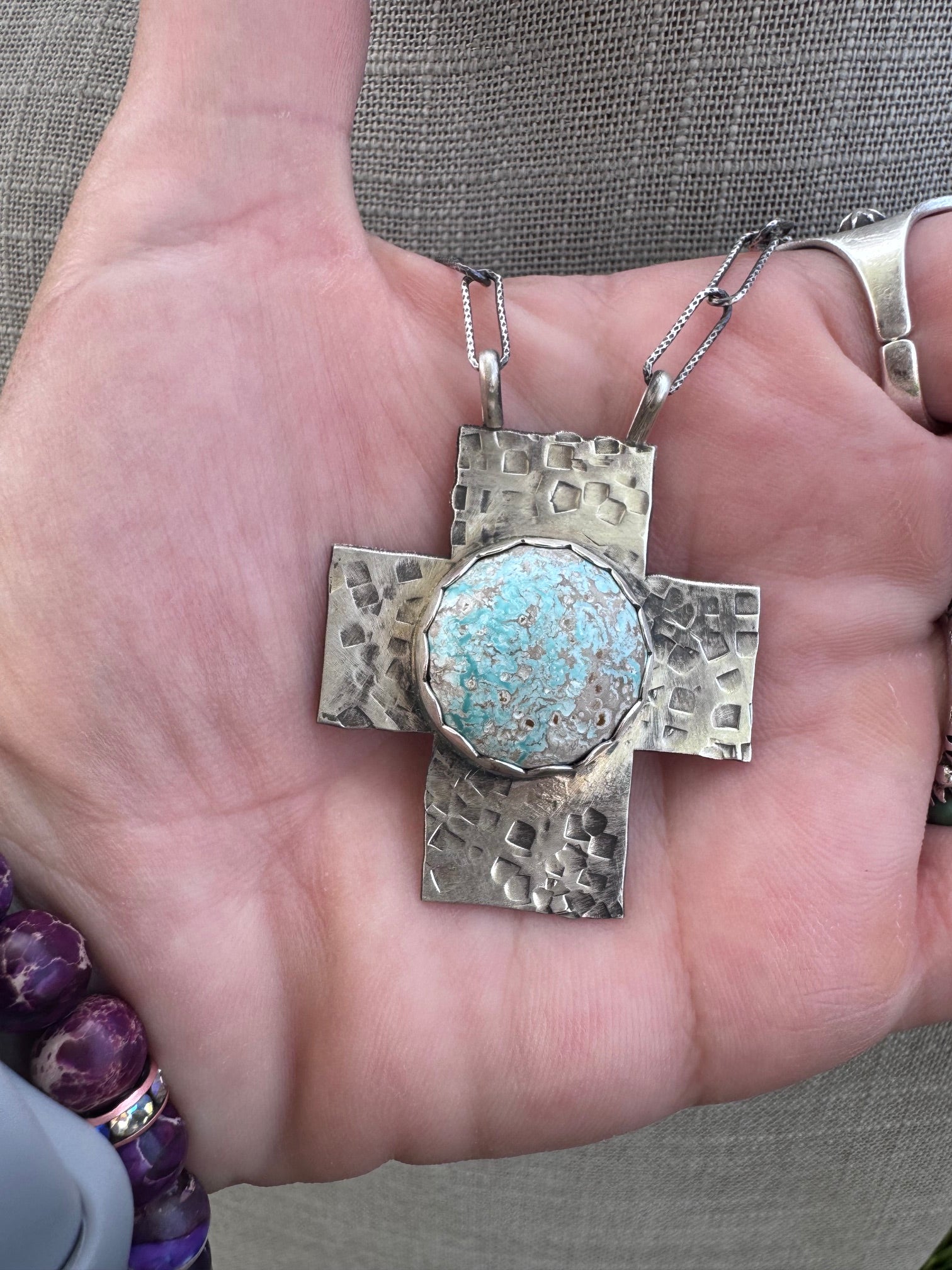 Handmade Sterling Silver White Water Turquoise Cross 18" Necklace by Roaming Buffalo