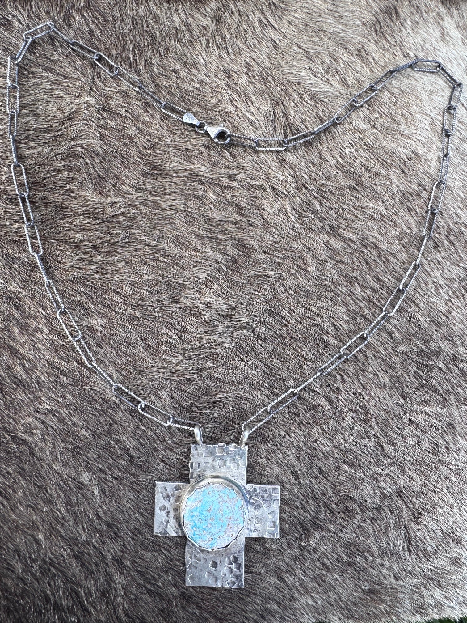 Handmade Sterling Silver White Water Turquoise Cross 18" Necklace by Roaming Buffalo