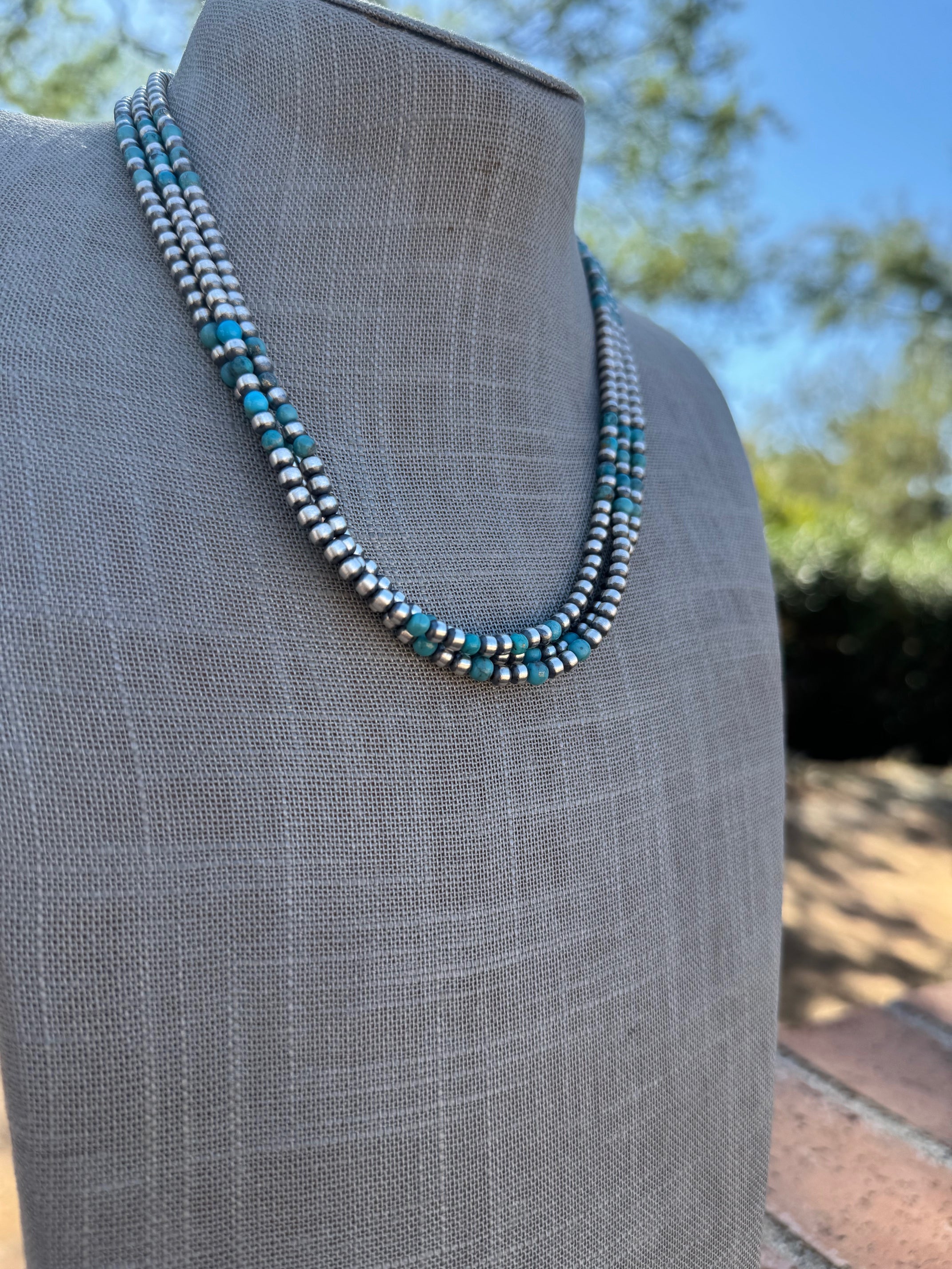 Handcrafted Turquoise & Sterling Silver Pearl 4mm Beaded Necklace 18"